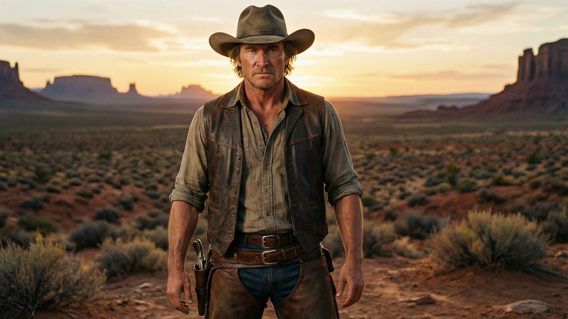 Cowboy in the Desert 壁紙 — 一個粗獷的牛仔，戴著破舊的帽子，穿著皮背心，在廣闊的沙漠中，夕陽下，遠處有岩石 formations，挑釁地站立著。