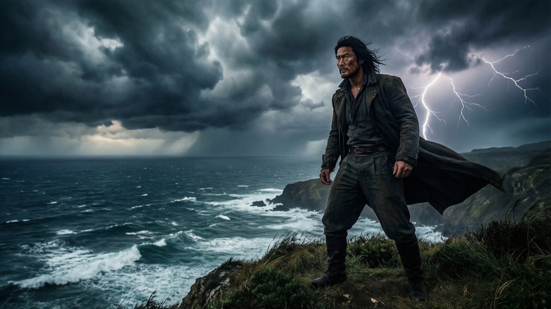 Cliffside Storm Gaze 壁紙 — 一個強壯的男人穿著深色外套，挑釁地站在暴風雨的懸崖上，閃電劃過波濤洶湧的大海。