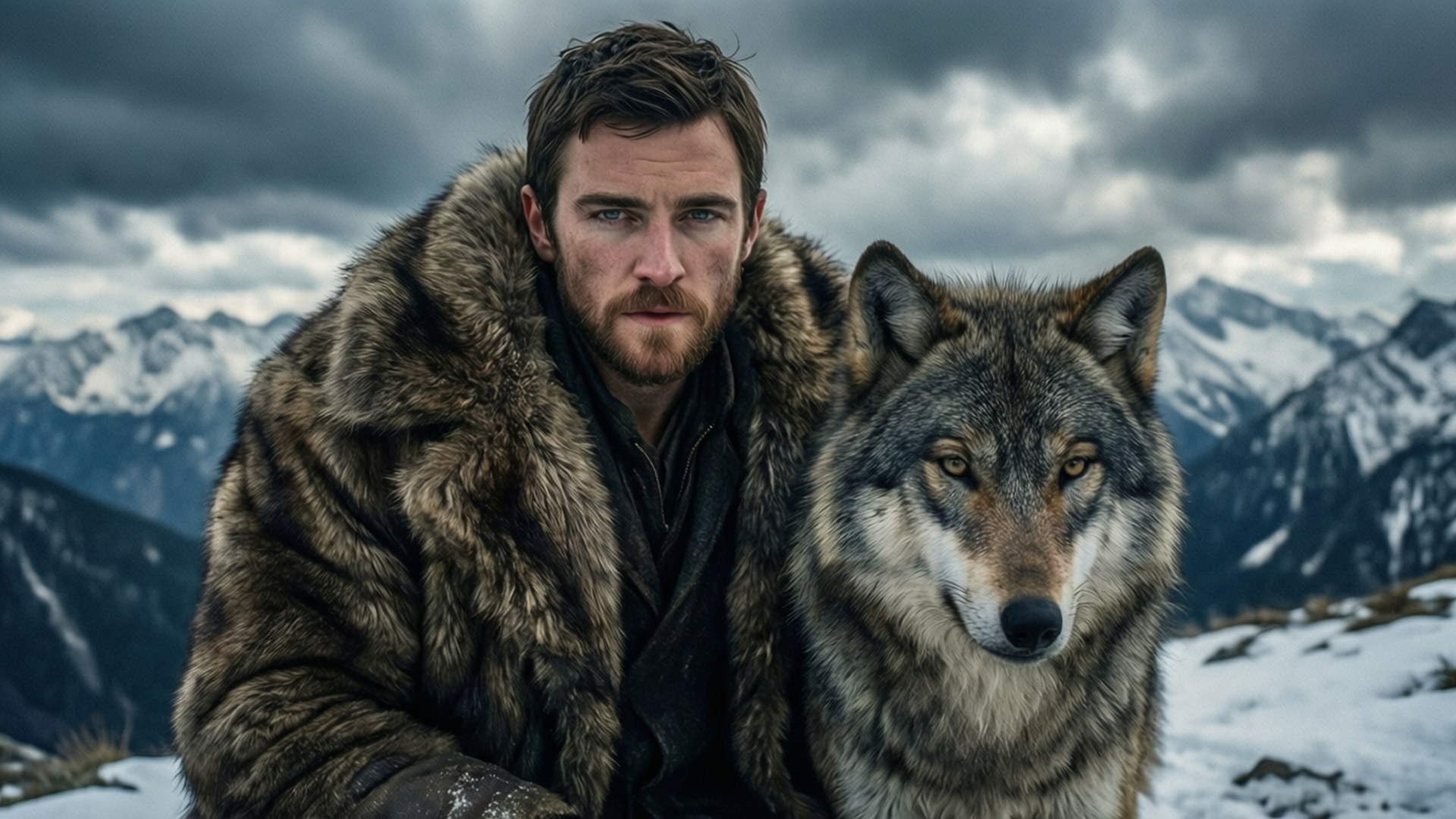 Nicholas Hoult 桌布 壁紙 — 一個粗獷的男人穿著毛皮大衣，坐在狼旁邊，背景是風暴天空下積雪覆蓋的山脈。