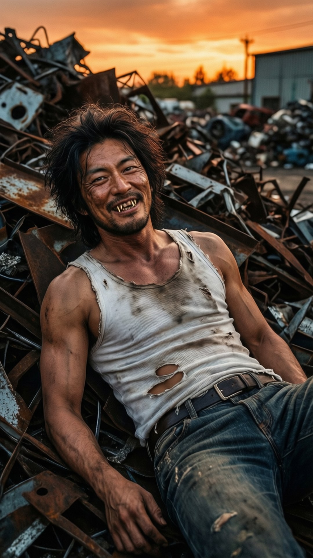 Junkyard Swagger 壁紙 — 一個粗獷的男人，頭髮凌亂，穿著破爛的背心，在日落時分躺在生鏽的金屬廢料堆上，挑釁地微笑。
