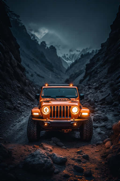 一輛橙色吉普車亮著車頭燈，在夜晚的岩石山谷中行駛，頭頂是風暴雲層。 — 4K 壁紙
