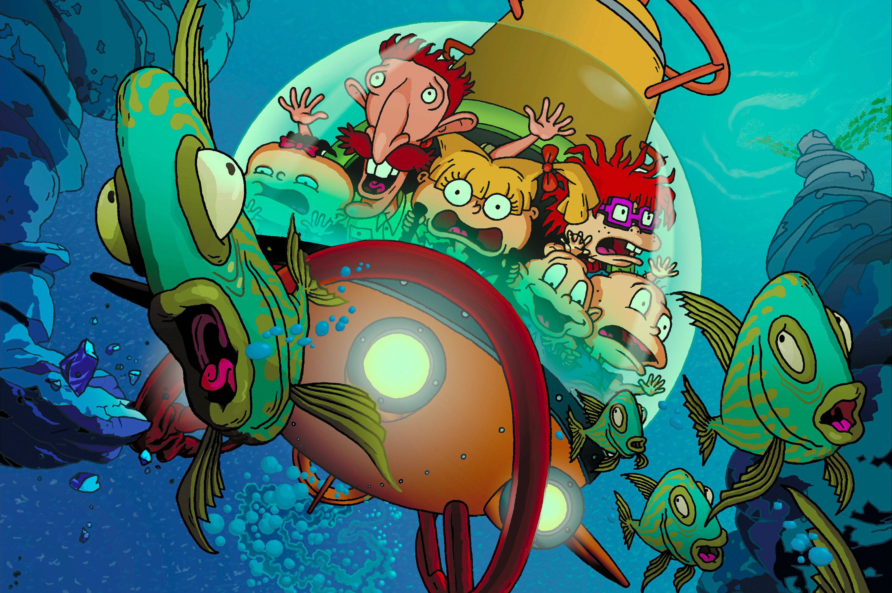 Cartoon 桌布 壁紙 — Rugrats 團隊在潛艇中，被巨型魚類包圍，展開充滿活力的海底冒險。