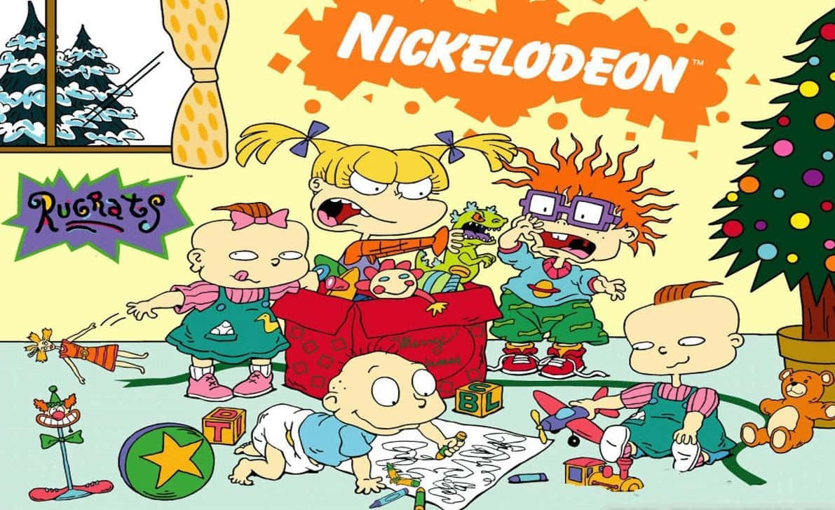 rugrats 桌布 壁紙 — Rugrats 角色在色彩鮮豔的卡通房間裡，圍繞著聖誕樹、玩具和一個大禮物盒混亂地玩耍。