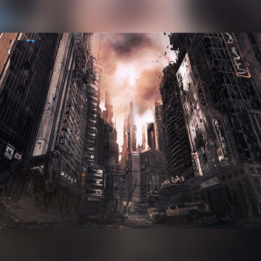 Godzilla City Destruction 桌布 壁紙 — 廢墟城市景觀，高聳的摩天大樓在天空中熾熱的爆炸下崩塌。