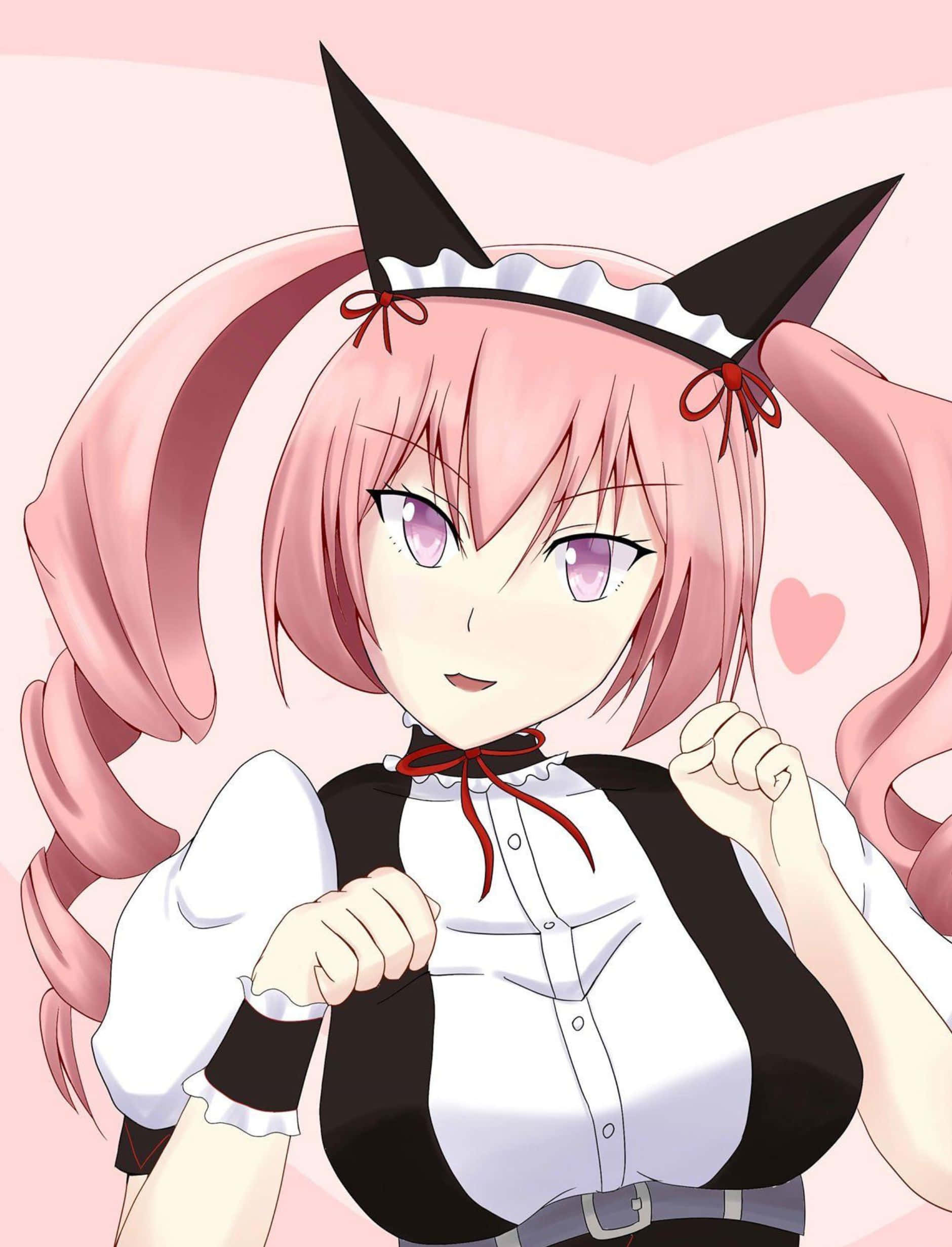 Rumiho Akiha，美麗且深受喜愛的動畫角色 壁紙 — 一個開心的動漫女孩，粉紅色頭髮和貓耳朵，穿著女僕裝，背景是柔和的粉紅色，有漂浮的心形。