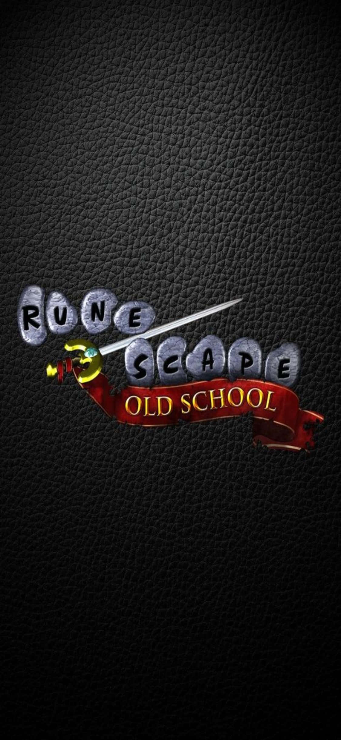 iPhone X Runescape Oldschool 桌布 壁紙 — RuneScape Old School 標誌閃耀著一把劍刺穿石頭字母，背景是帶有紋理的黑色皮革。