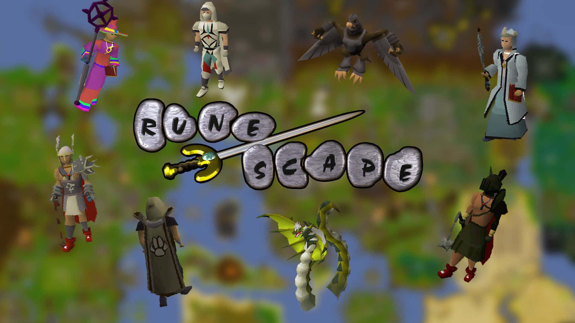 電玩遊戲 桌布 壁紙 — RuneScape 標誌，帶有標誌性角色和一條龍漂浮在模糊的幻想景觀上方。