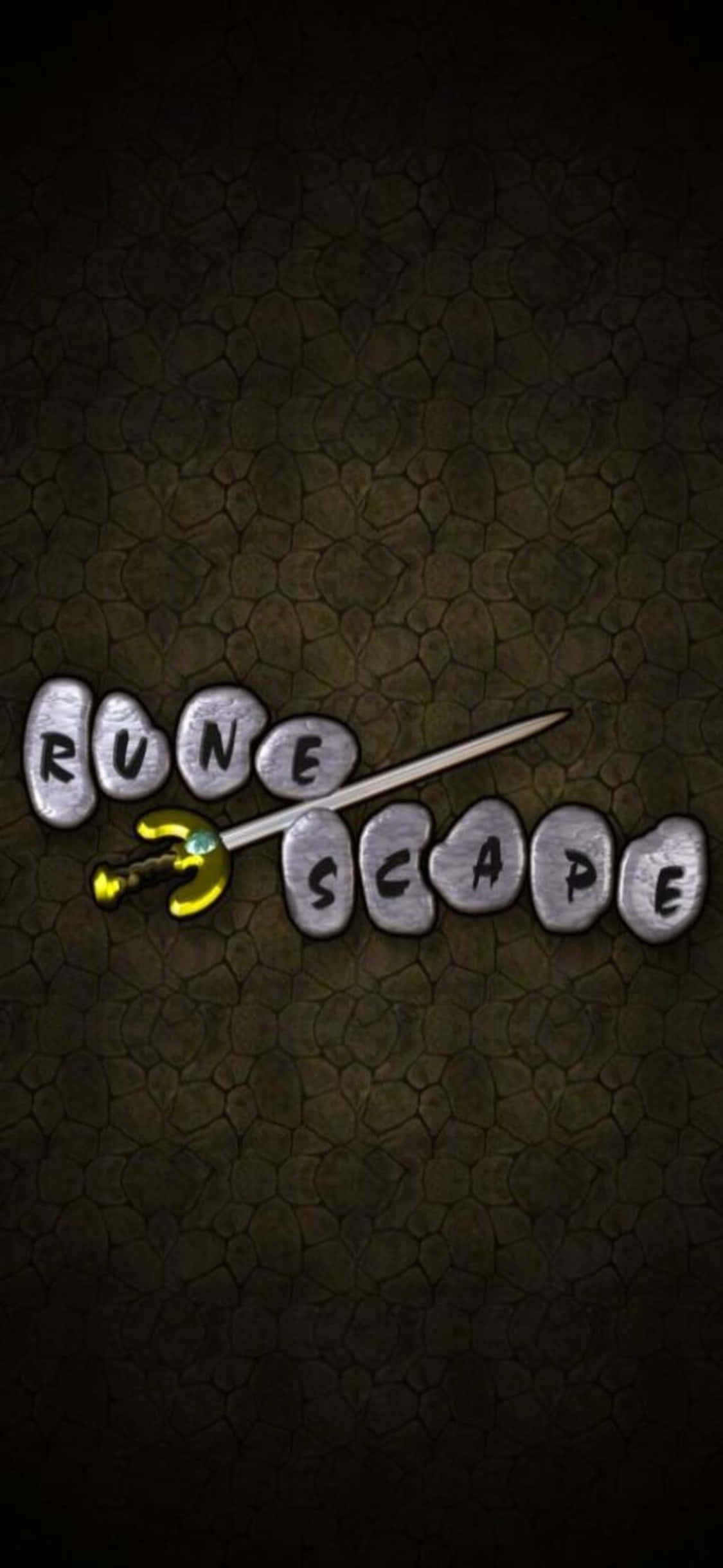 iPhone X Runescape Oldschool 桌布 壁紙 — RuneScape 標誌以石磚拼寫，一把劍斜放在文字上，背景為裂開的石頭。