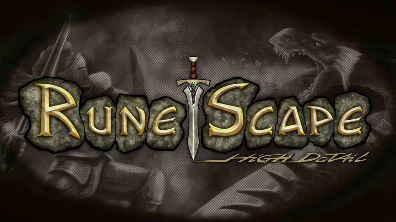 電玩遊戲 桌布 壁紙 — RuneScape 標誌以金色字體在石塊上發光，一把劍刺穿中心，背景是黑暗奇幻風格，帶有模糊的戰士和龍剪影。
