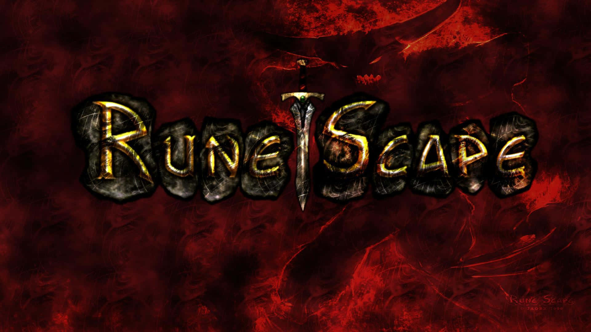 電玩遊戲 桌布 壁紙 — RuneScape 標誌在旋轉的深紅色背景上閃耀著金色符文和一把劍。