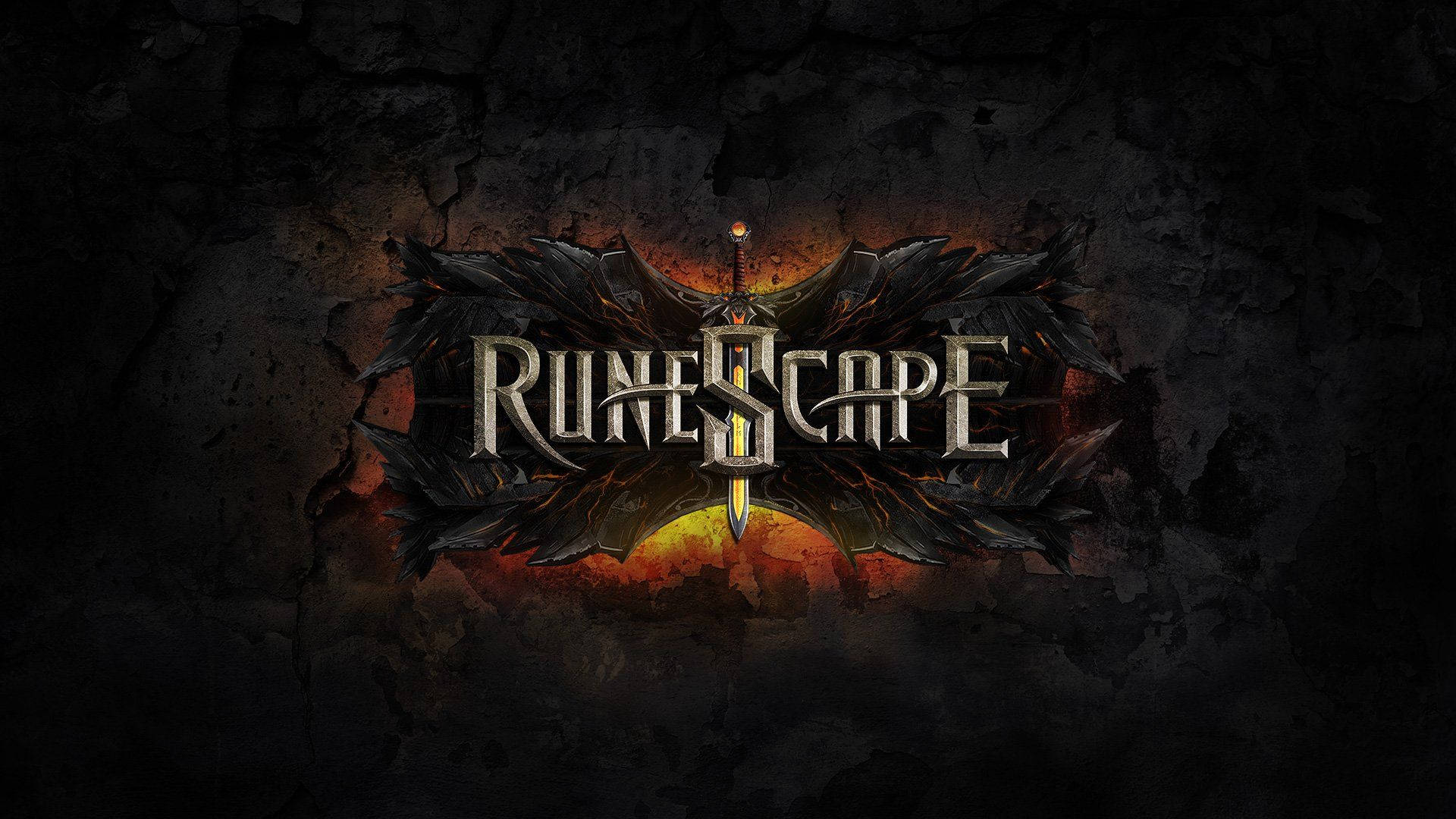 old 桌布 壁紙 — RuneScape 標誌在裂開的深色石牆背景下發出火焰般的光芒。