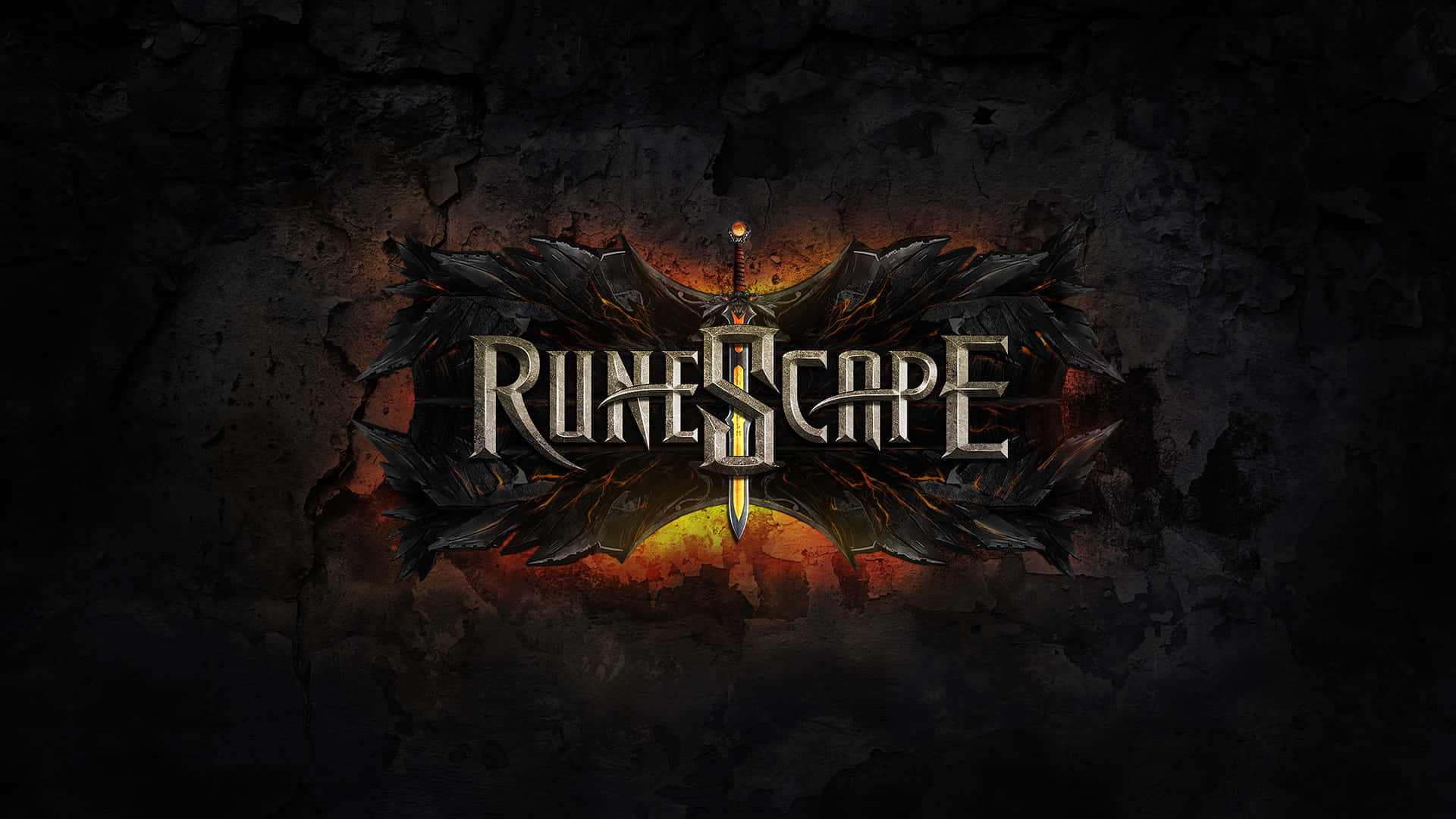 電玩遊戲 桌布 壁紙 — RuneScape 標誌在裂開的暗色石牆上發出火焰般的光芒，兩側有黑色翅膀和一把劍。