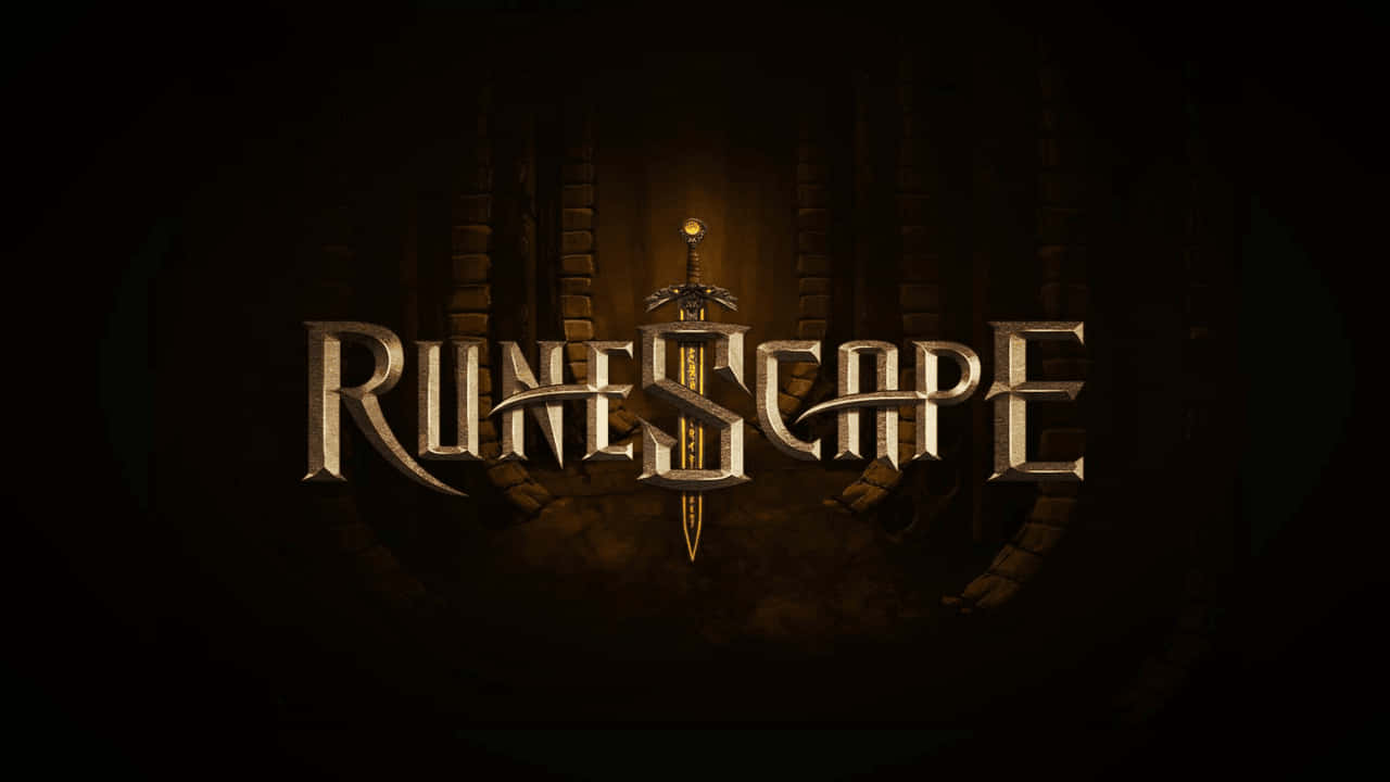720p Runescape 桌布 壁紙 — RuneScape 標誌閃耀著金屬光澤，一把劍刺穿字母，背景是黑暗的石拱門。