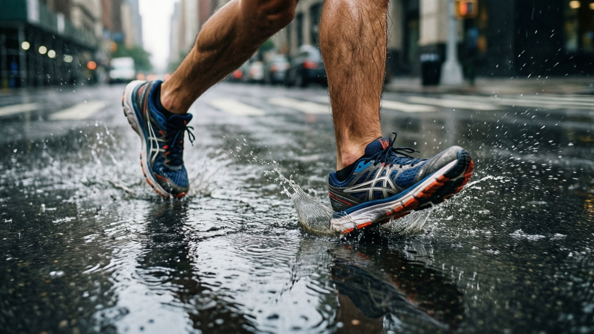 running 桌布 壁紙 — 跑者的藍色跑鞋在濕漉漉的城市街道上濺起雨水，背景是模糊的建築物。