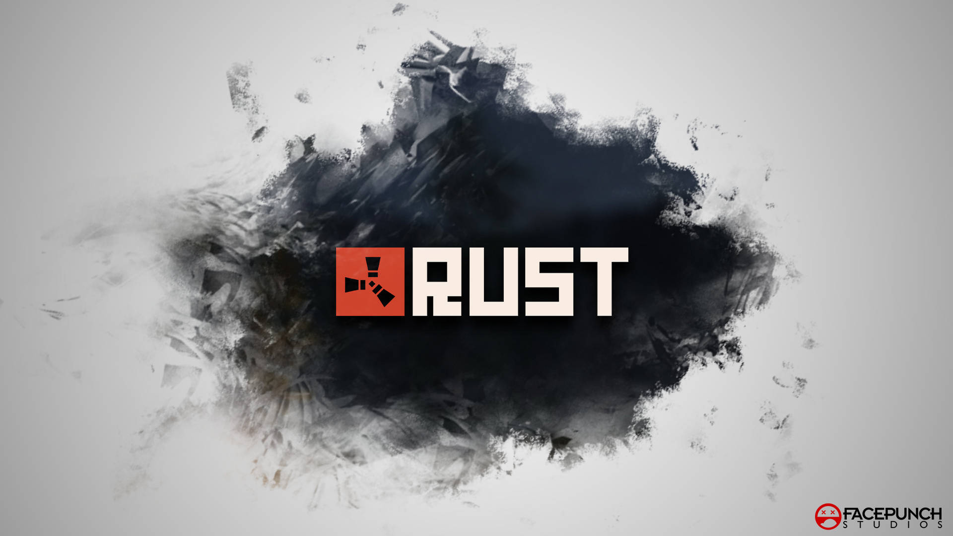 電玩遊戲 桌布 壁紙 — Rust 遊戲標誌從淺灰色背景上的動態黑白墨水飛濺中浮現。