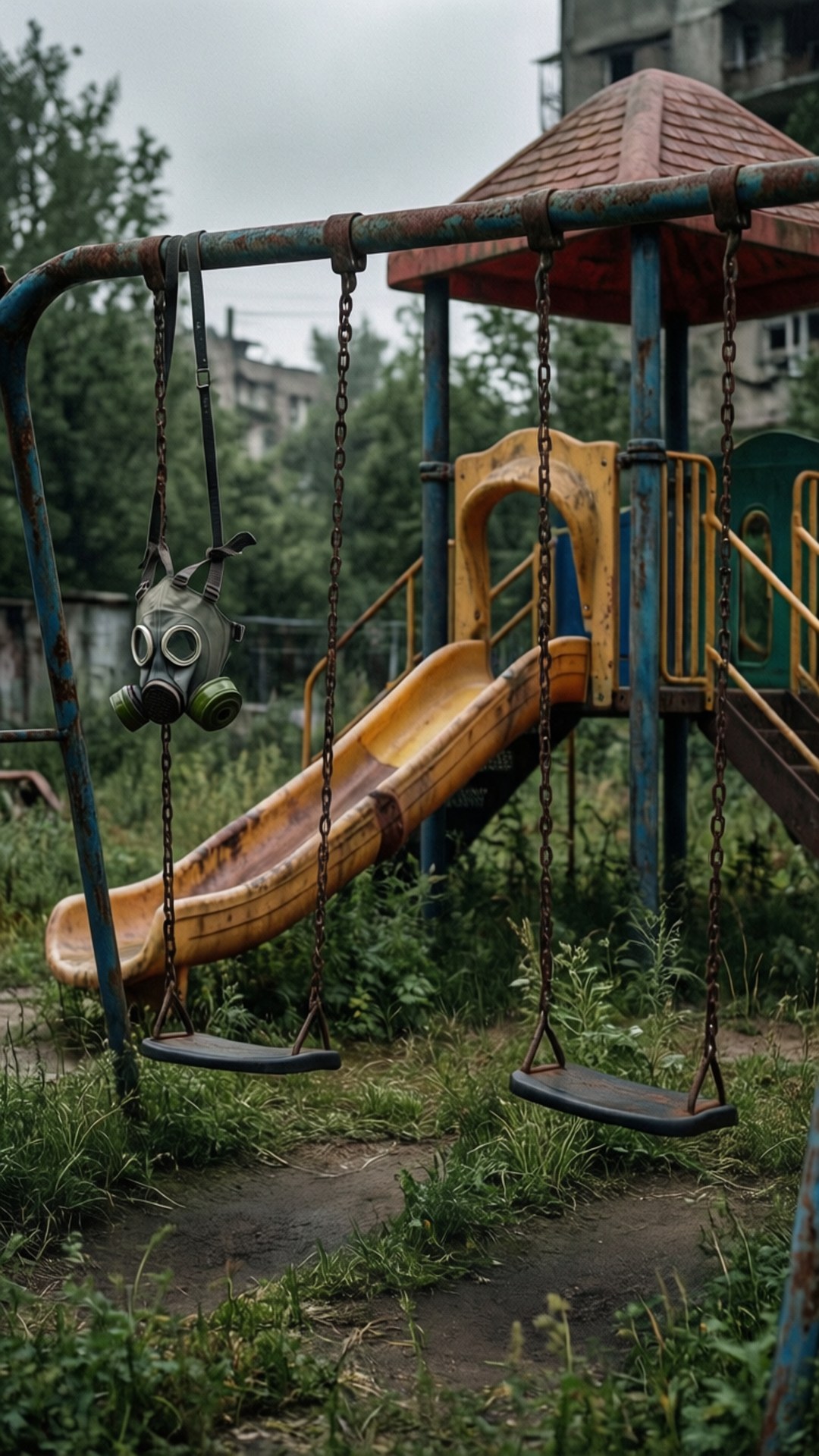 Lost Innocence 壁紙 — 一個生鏽的遊樂場鞦韆架，一條鏈上掛著防毒面具，旁邊是長滿雜草的黃色溜滑梯。