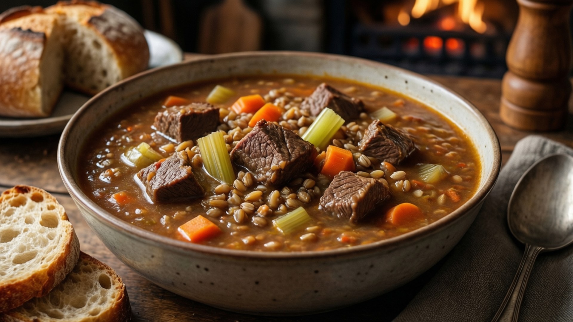 Beef Barley Chowder Comfort 壁紙 — 一碗鄉村風味的牛肉大麥湯，配有紅蘿蔔和芹菜，旁邊是脆皮麵包，靠近溫暖的壁爐。