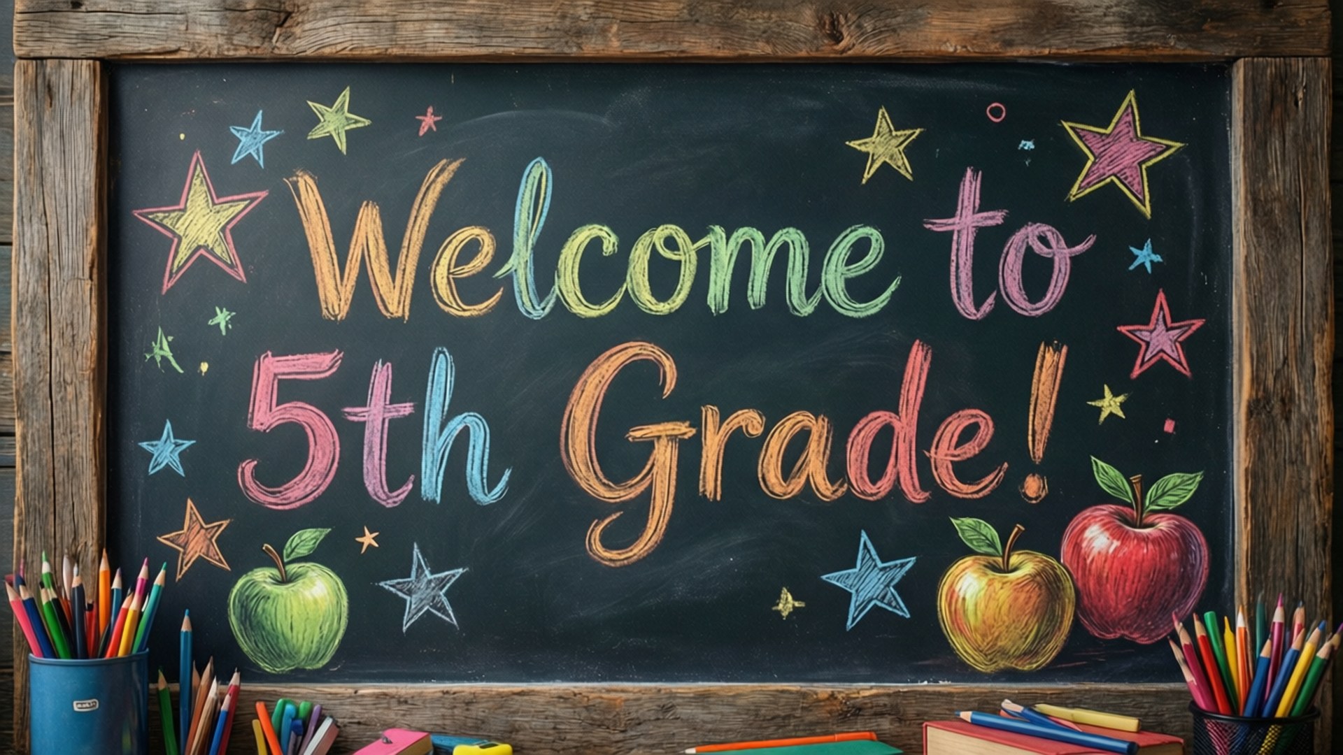 5th Grade 桌布 壁紙 — 一塊質樸的黑板，上面用彩色粉筆寫著歡迎五年級學生，周圍環繞著蘋果和星星。