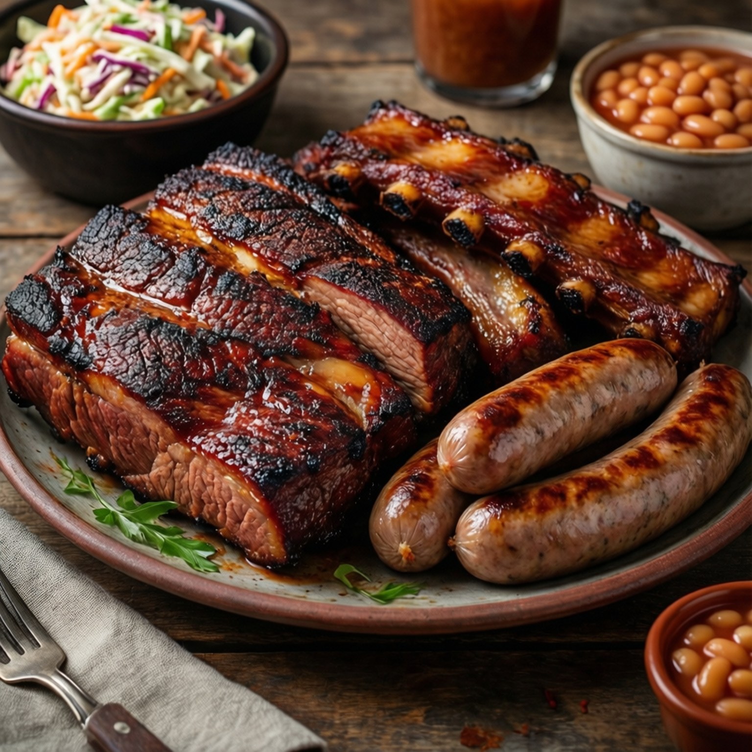 Texas BBQ Feast 壁紙 — 一個鄉村風格的盤子，上面有釉面煙燻排骨和烤香腸，周圍是盛有涼拌高麗菜和焗豆的碗，放在木桌上。