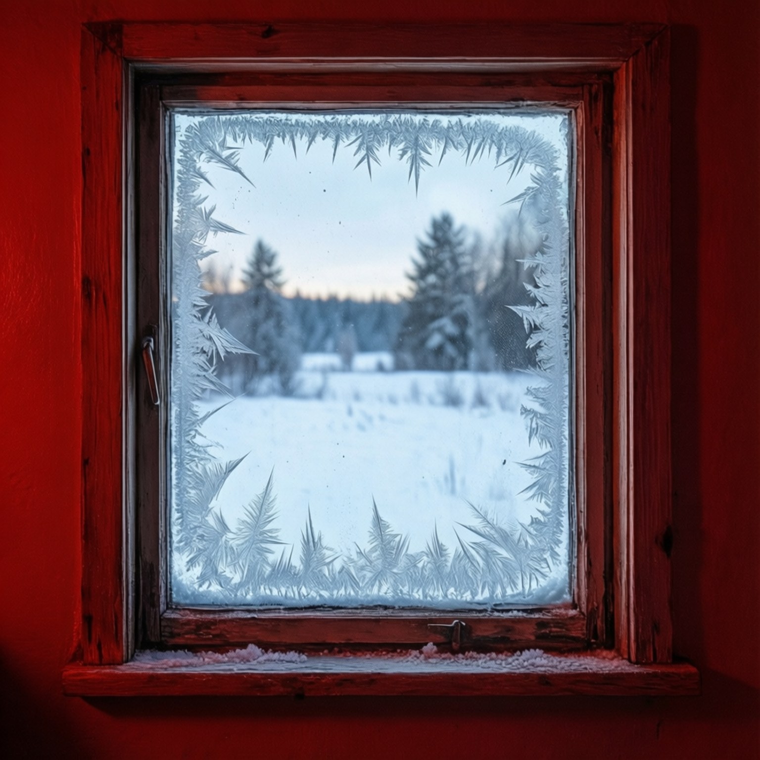 Frosty Window View 壁紙 — 一扇質樸的紅色木窗框著蒼白天空下白雪覆蓋的樹木和田野的霜凍景色。