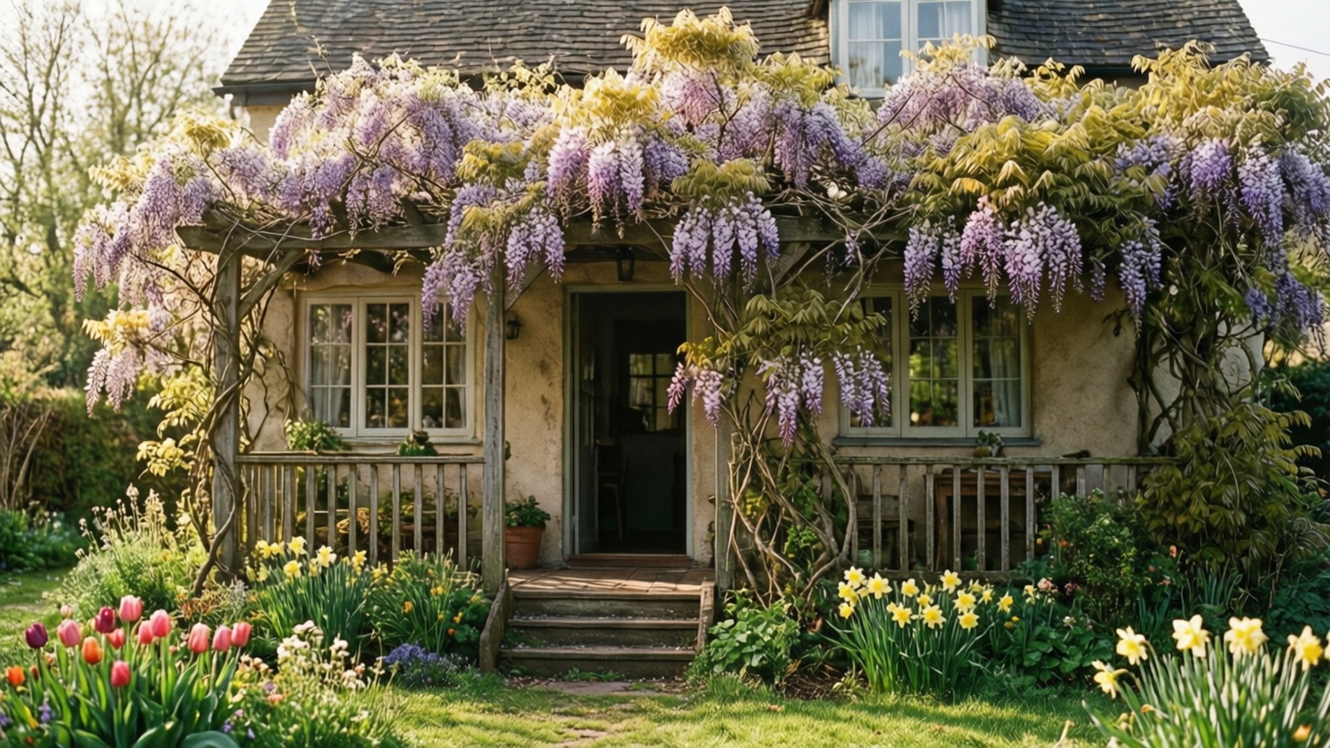 Wisteria Cottage 壁紙 — 古樸的石屋入口，垂掛著紫色紫藤花，前景花園中盛開著色彩繽紛的鬱金香和水仙花。