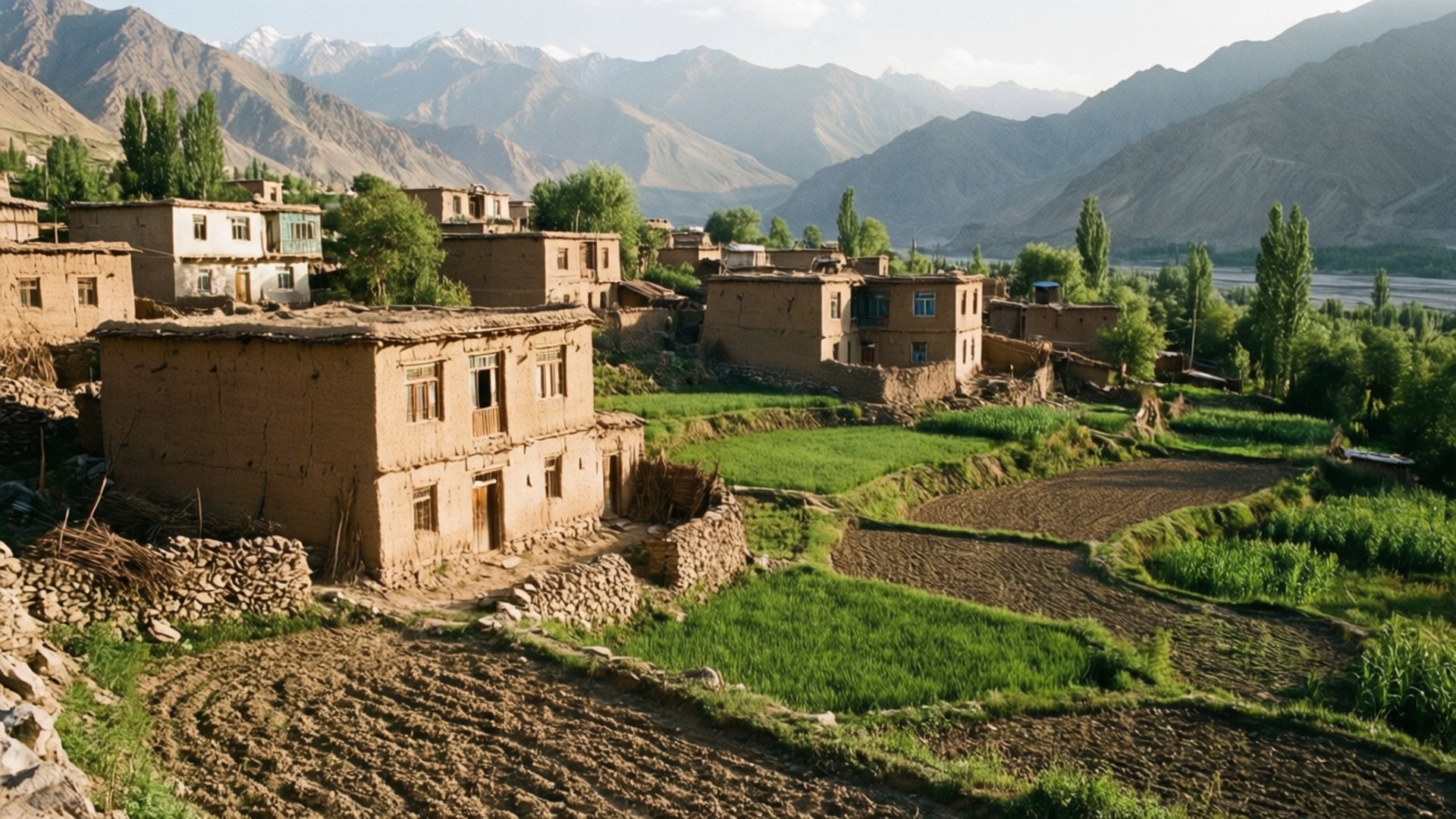 Hindu Kush Village 壁紙 — 一個質樸的村莊，有泥磚房屋和梯田綠野，坐落在山谷中。