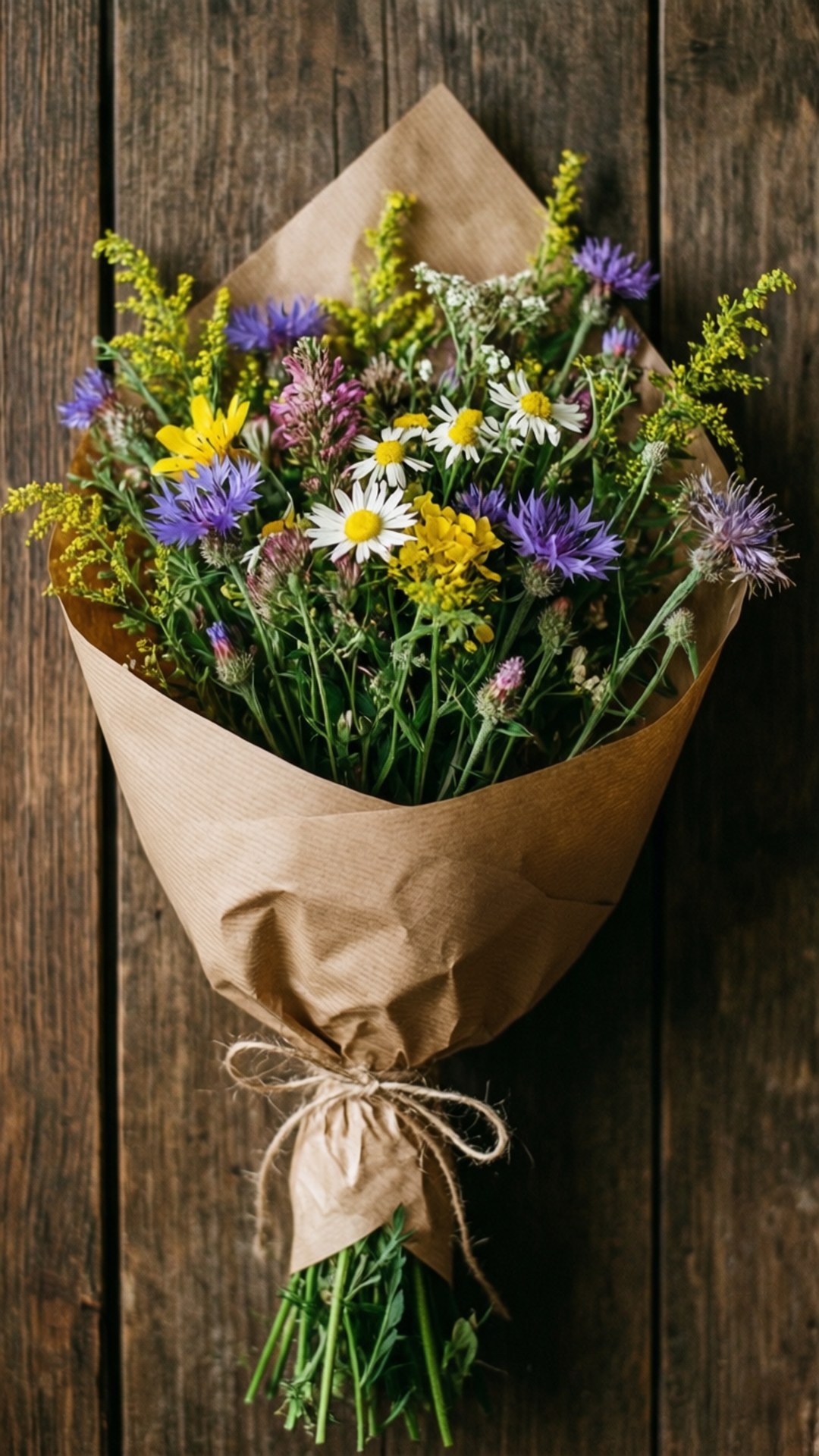 Rustic Wildflower Bouquet 壁紙 — 一束鄉村風格的野花，用棕色紙包裹並以麻繩捆綁，放在經風化的木質表面上。