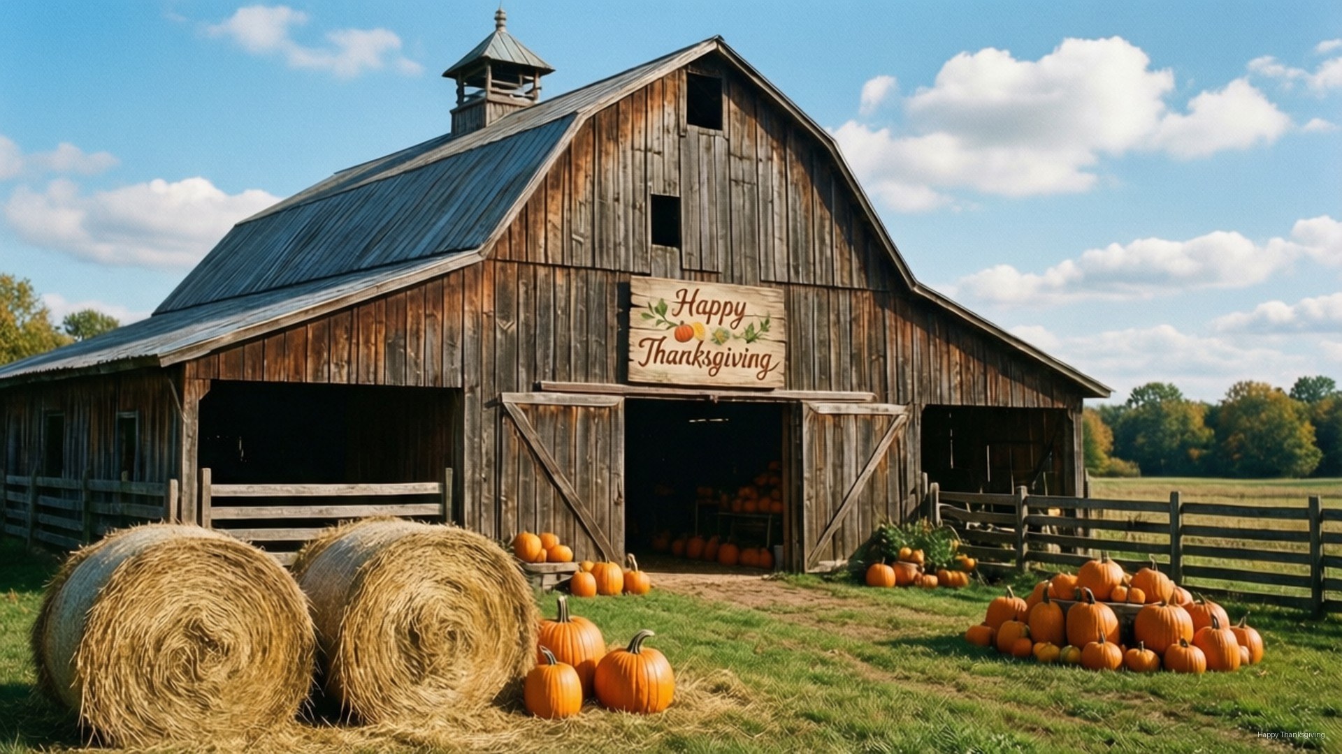 Barnyard Thanksgiving 壁紙 — 一座質樸的木製穀倉，上面掛著「Happy Thanksgiving」標牌，矗立在藍天白雲下，周圍環繞著南瓜和乾草捆。