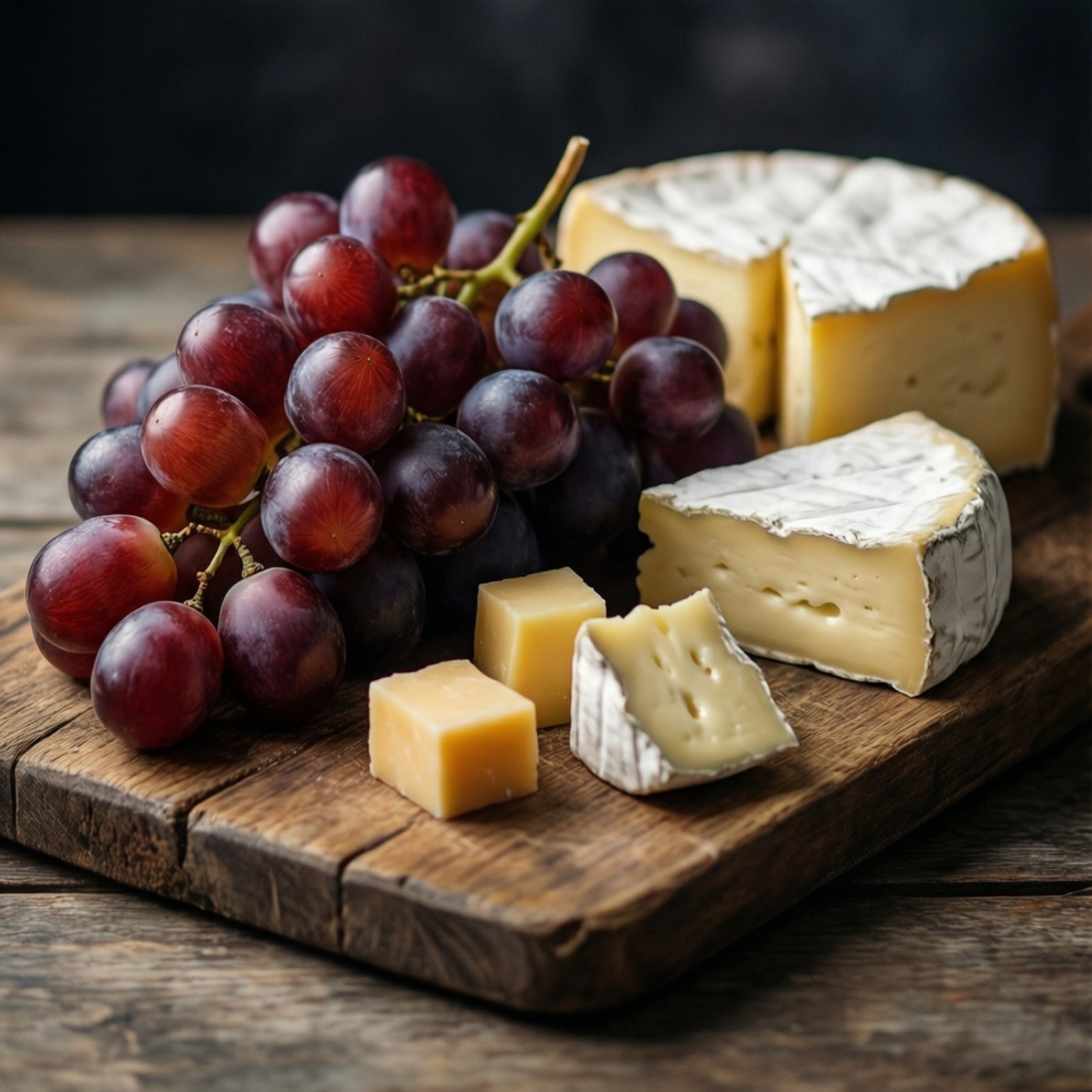 Grape Cheese Board 壁紙 — 一塊質樸的木板上展示了一串深紅色的葡萄，旁邊有各種起司，包括布里和切達起司。