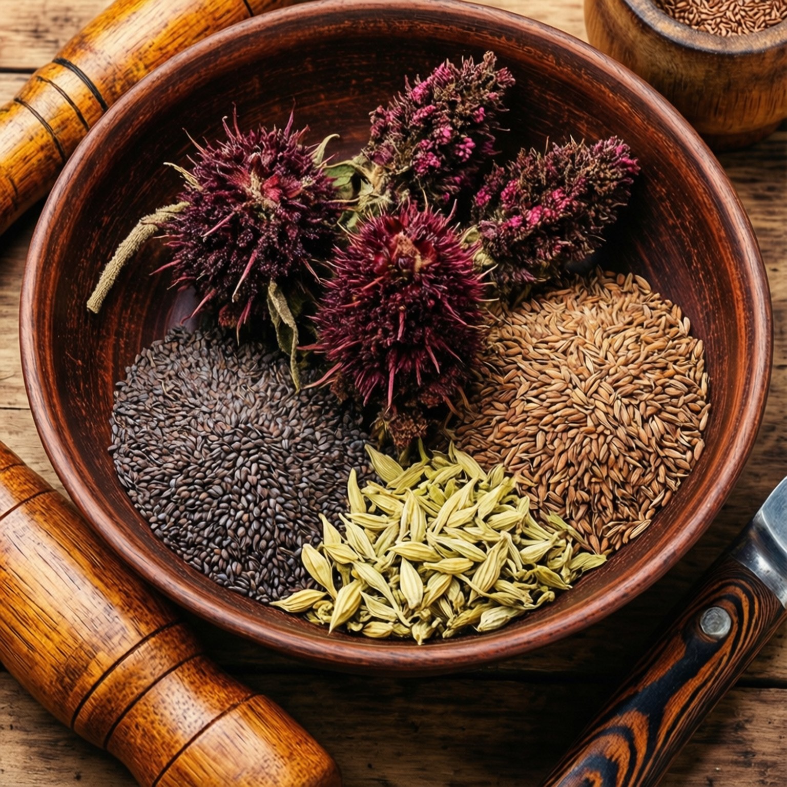 Herbal Colon Remedies 壁紙 — 一個質樸的木碗盛放著鮮豔的紫色莧菜花、深色亞麻籽、金色茴香籽和棕色小茴香籽，整齊地排列在風化的木桌上。