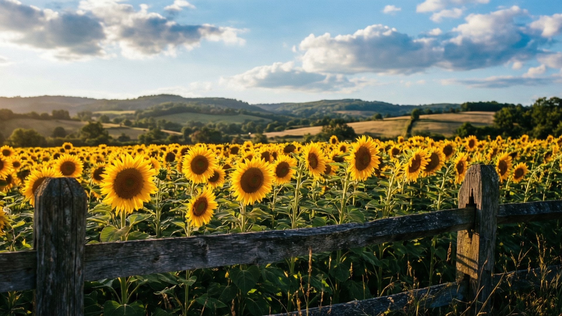 Rustic Sunflower Fence 壁紙 — 一個質樸的木柵欄框住了一片充滿活力的向日葵田，天空部分多雲，遠處有連綿的綠色山丘。