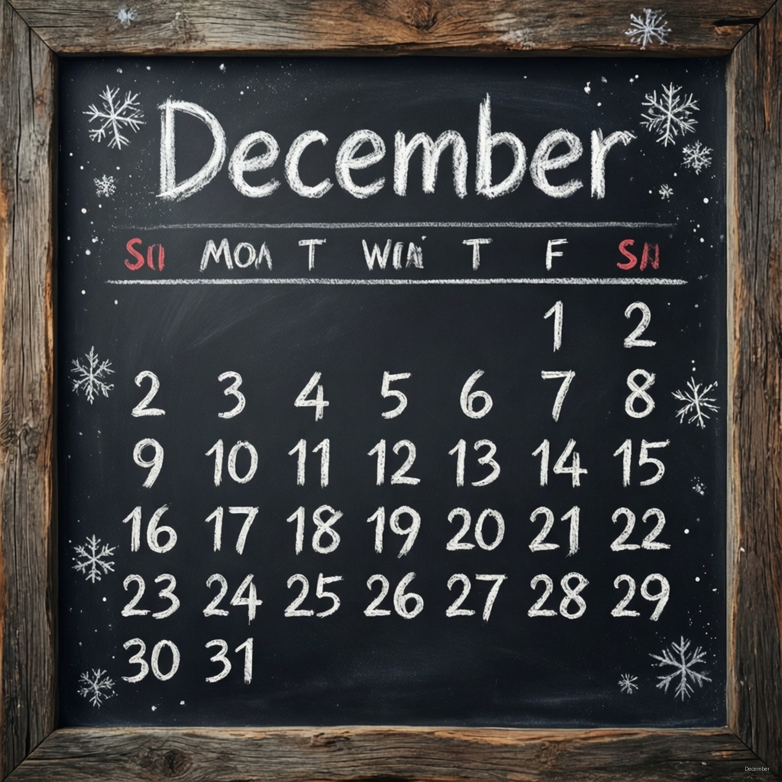 Chalkboard December Art 壁紙 — 12月的質樸木框黑板日曆，帶有白色粉筆數字和雪花裝飾。