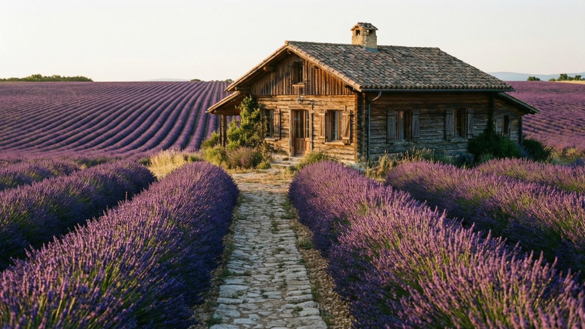 Lavender Field Retreat 壁紙 — 一間質樸的木屋坐落在無盡的紫色薰衣草田之間，上方是柔和的金色天空。