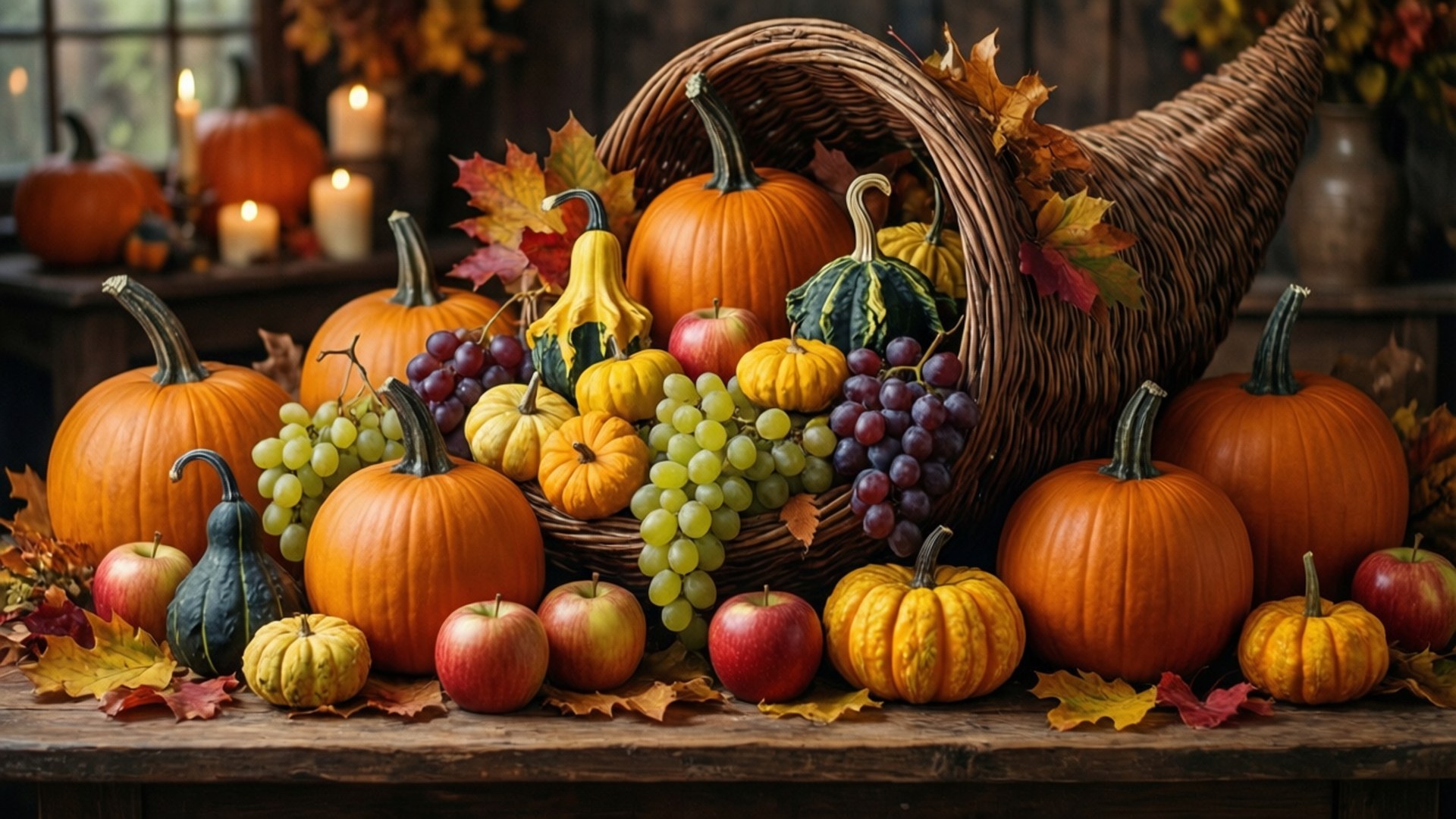 Harvest Cornucopia Abundance 壁紙 — 一張質樸的木桌上堆滿了南瓜、葫蘆、蘋果和葡萄，放在編織的豐饒角中，周圍環繞著秋葉和發光的蠟燭。