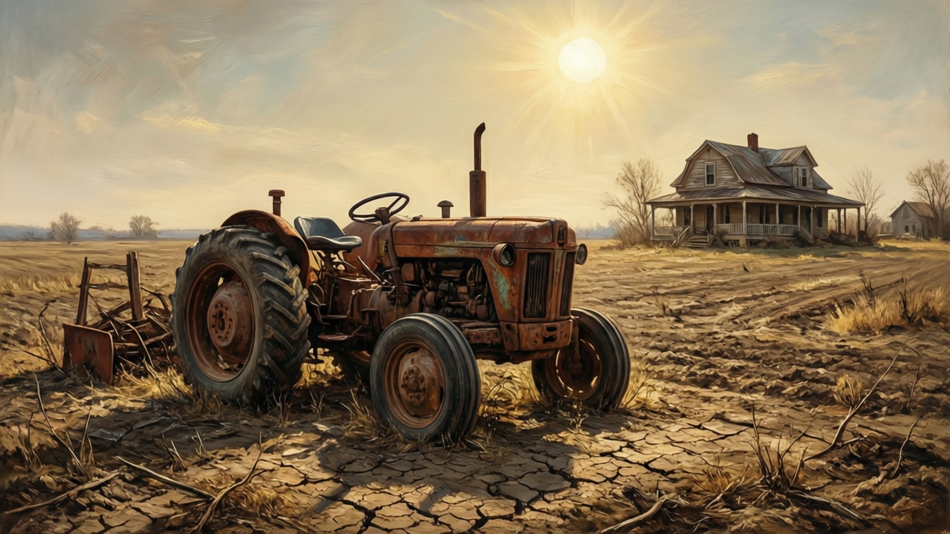 The Great Depression 桌布 壁紙 — 一台生鏽的拖拉機被遺棄在龜裂的土地上，烈日當空，旁邊是一座歷經風霜的農舍。