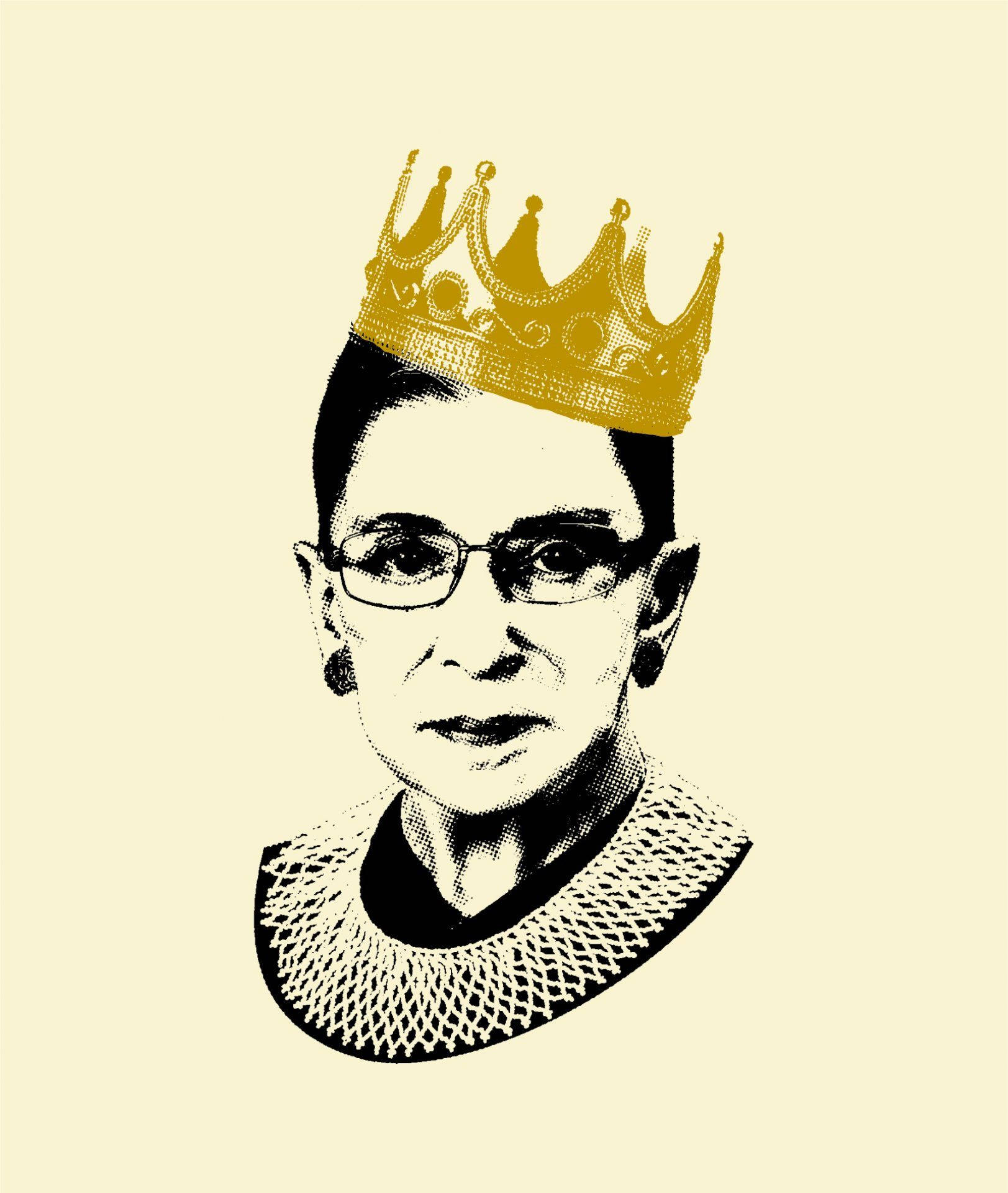 Ruth Bader Ginsburg 桌布 壁紙 — Ruth Bader Ginsburg 的風格化肖像，戴著金色皇冠，背景為奶油色。