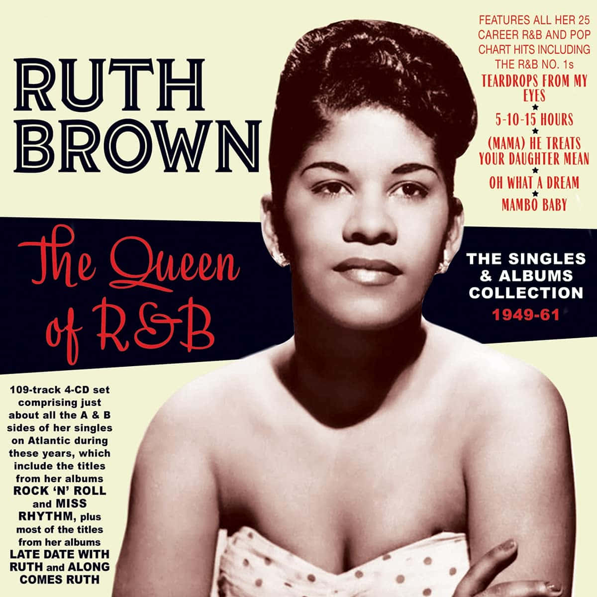 Singer 桌布 壁紙 — Ruth Brown 的復古棕褐色調肖像，標題為 The Queen of R&B，帶有粗體字體和專輯曲目列表細節。