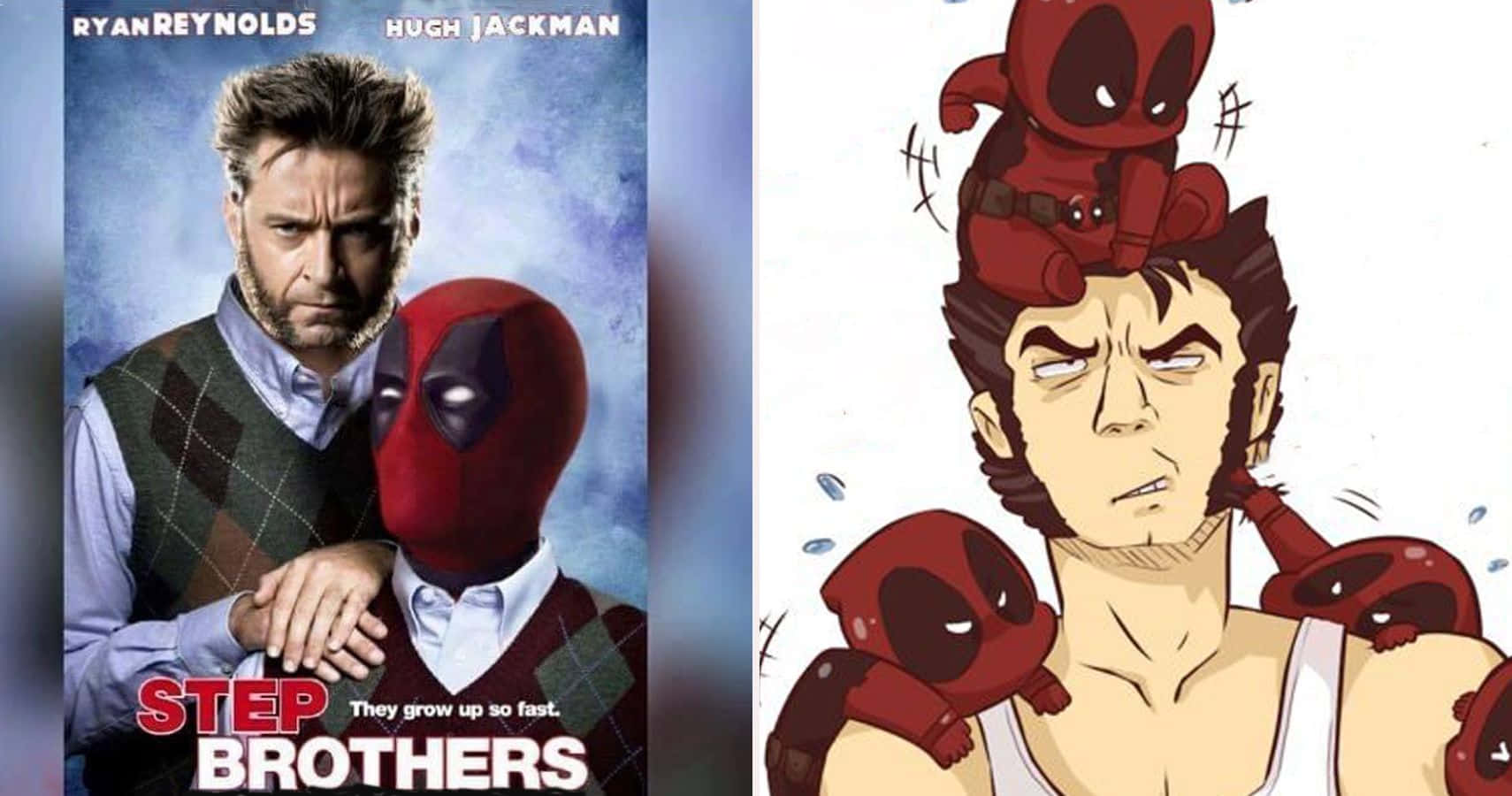 Deadpool And Wolverine 桌布 壁紙 — 萊恩雷諾斯和休傑克曼在喜劇電影海報中，金鋼狼頭上和肩膀上放有死侍絨毛玩偶。