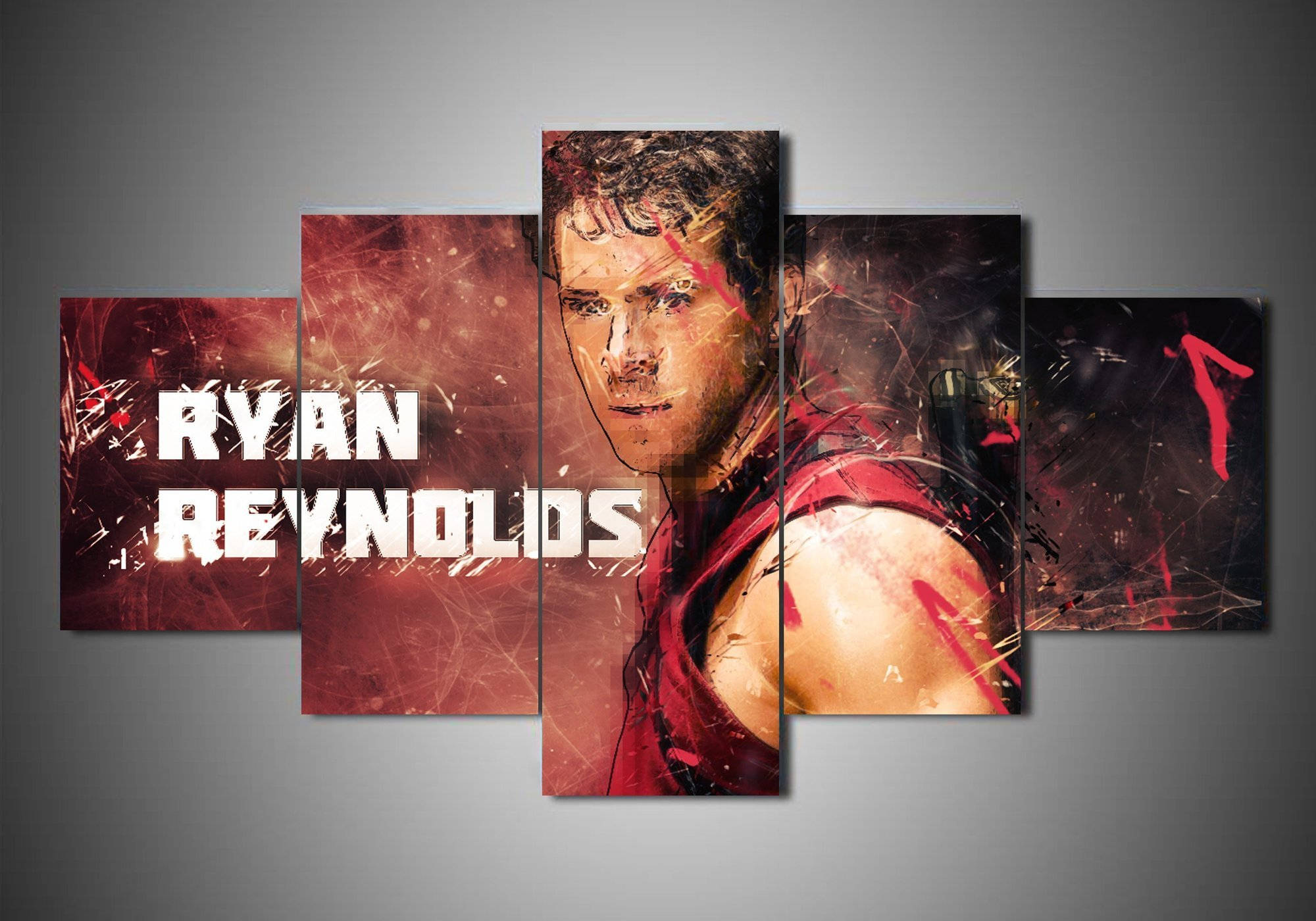 Reynolds 桌布 壁紙 — Ryan Reynolds 身穿紅色無袖上衣，帶有粗體白色文字和動態紅色潑濺效果的多面板畫布。