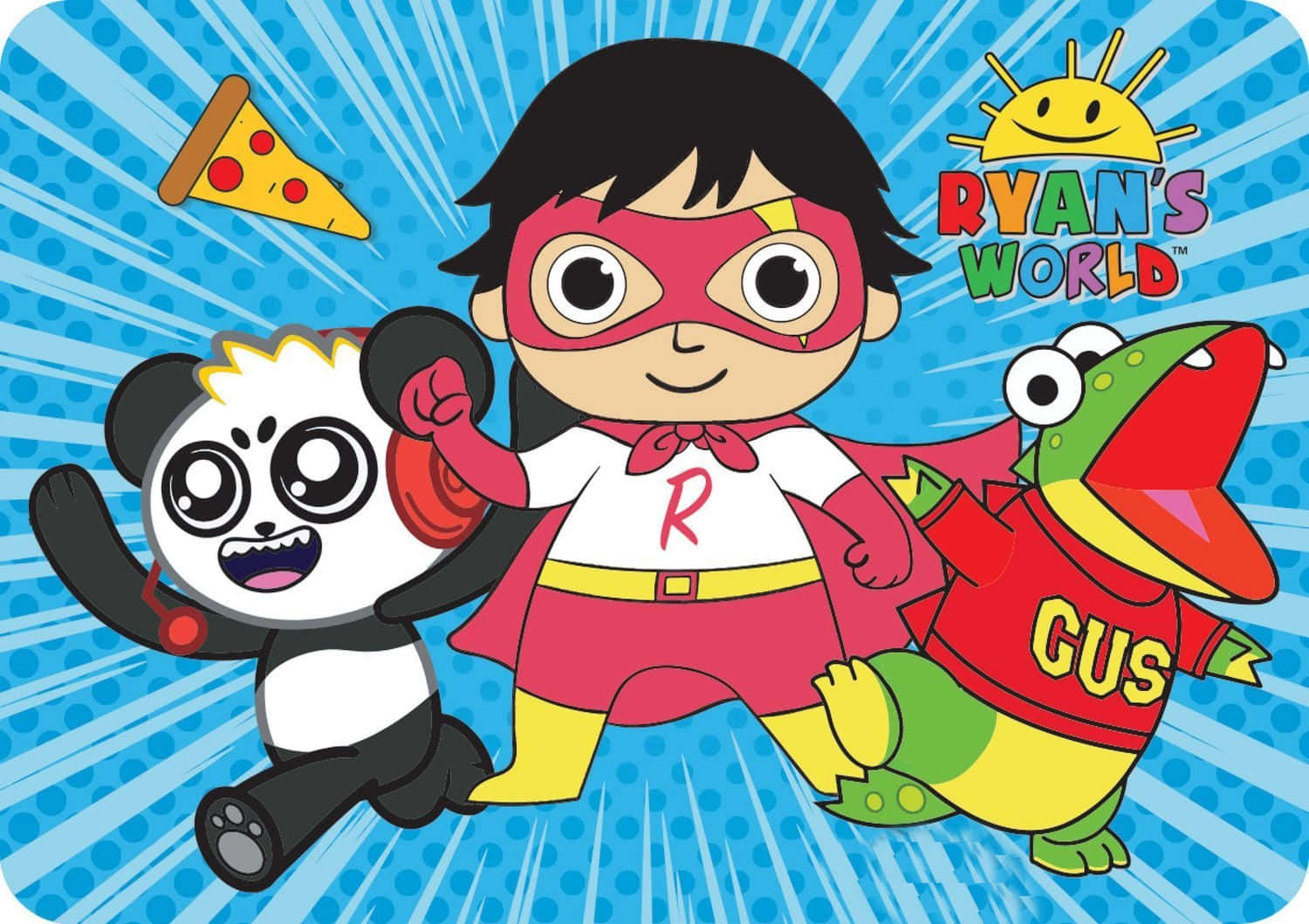 YouTube Banner 桌布 壁紙 — Ryan 穿著紅色超級英雄服，與熊貓和青蛙助手，背景為藍色漫畫風格。
