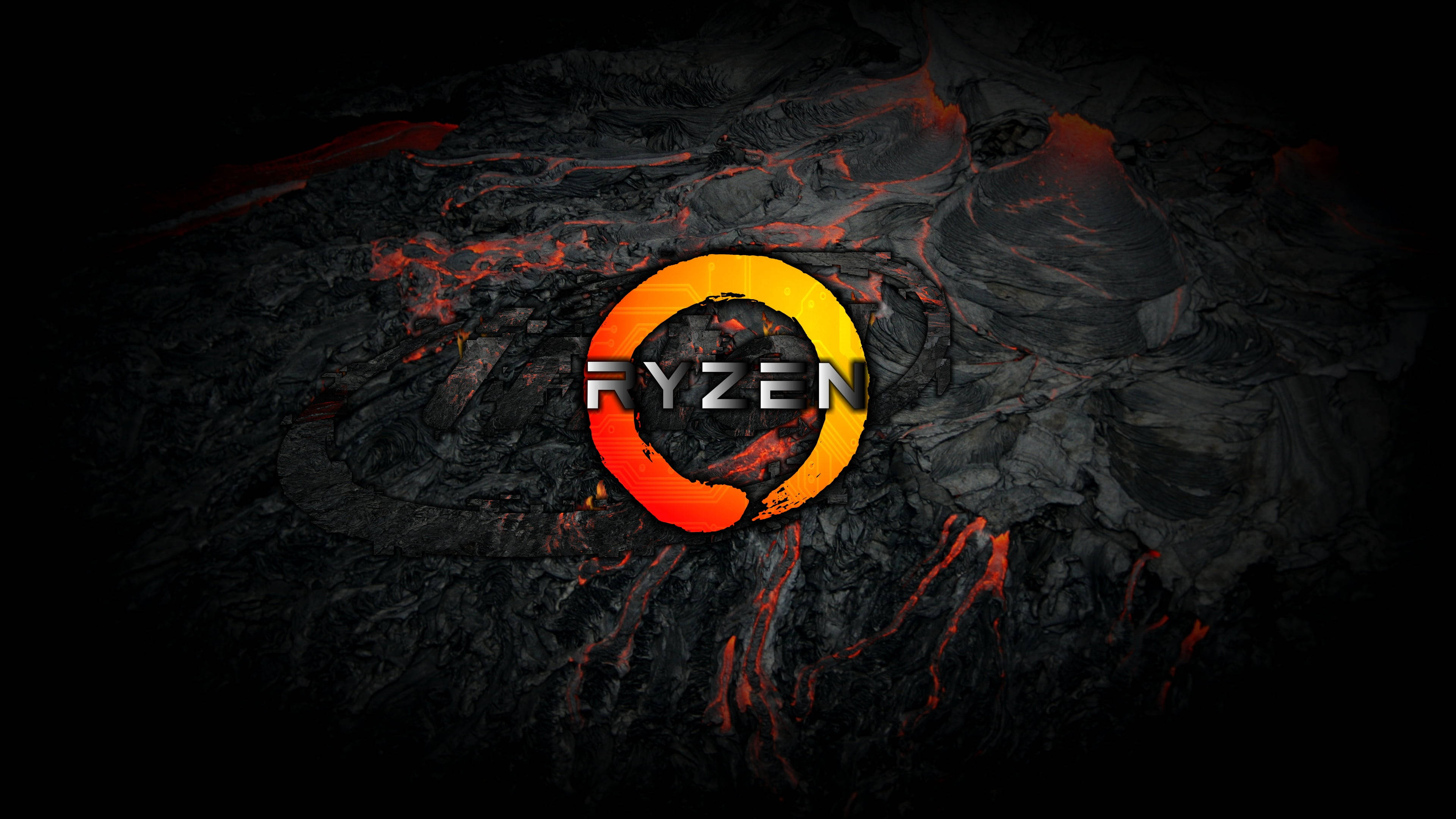 4K 桌布 壁紙 — Ryzen 標誌在深色火山岩背景上發出火橙色光芒，並帶有發光的熔岩紋理。