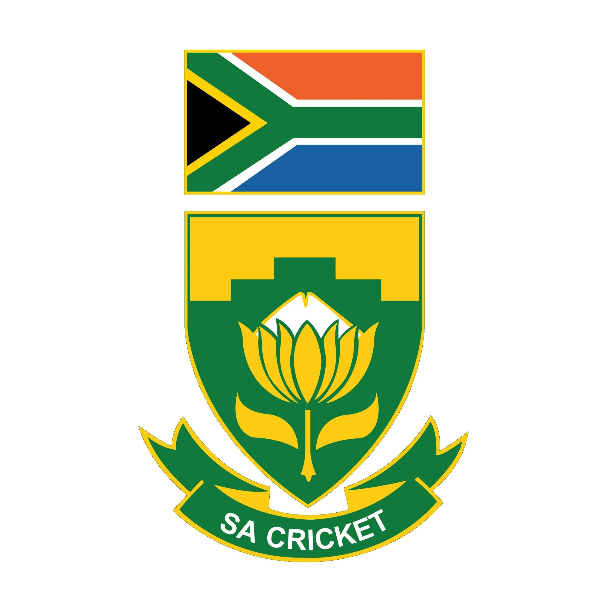 south africa cricket 桌布 壁紙 — SA Cricket 官方標誌，南非國旗位於綠色盾牌上方，盾牌上有黃色帝王花和橫幅。