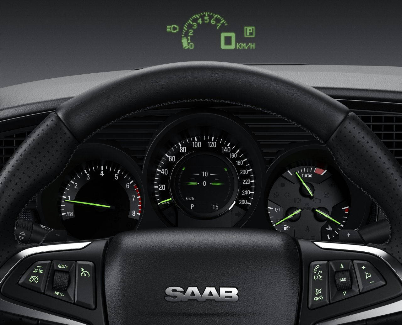 Saab 桌布 壁紙 — Saab 汽車儀表板特寫，帶有發光綠色儀表組和皮革包裹方向盤。