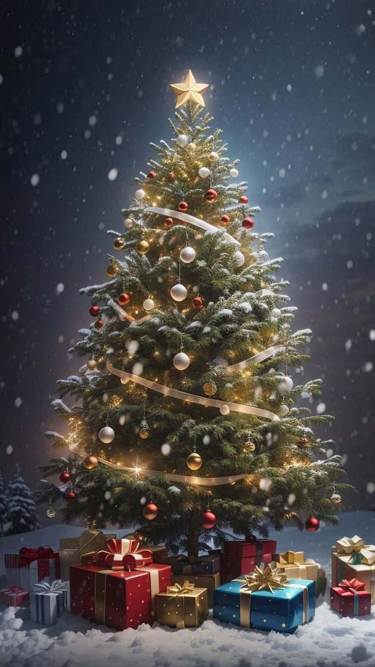  壁紙 — 一棵灑滿雪的聖誕樹，裝飾著閃爍的燈光、紅色和金色的飾品以及一顆閃亮的星星，在飄雪中高高聳立，周圍環繞著包裝好的禮物。