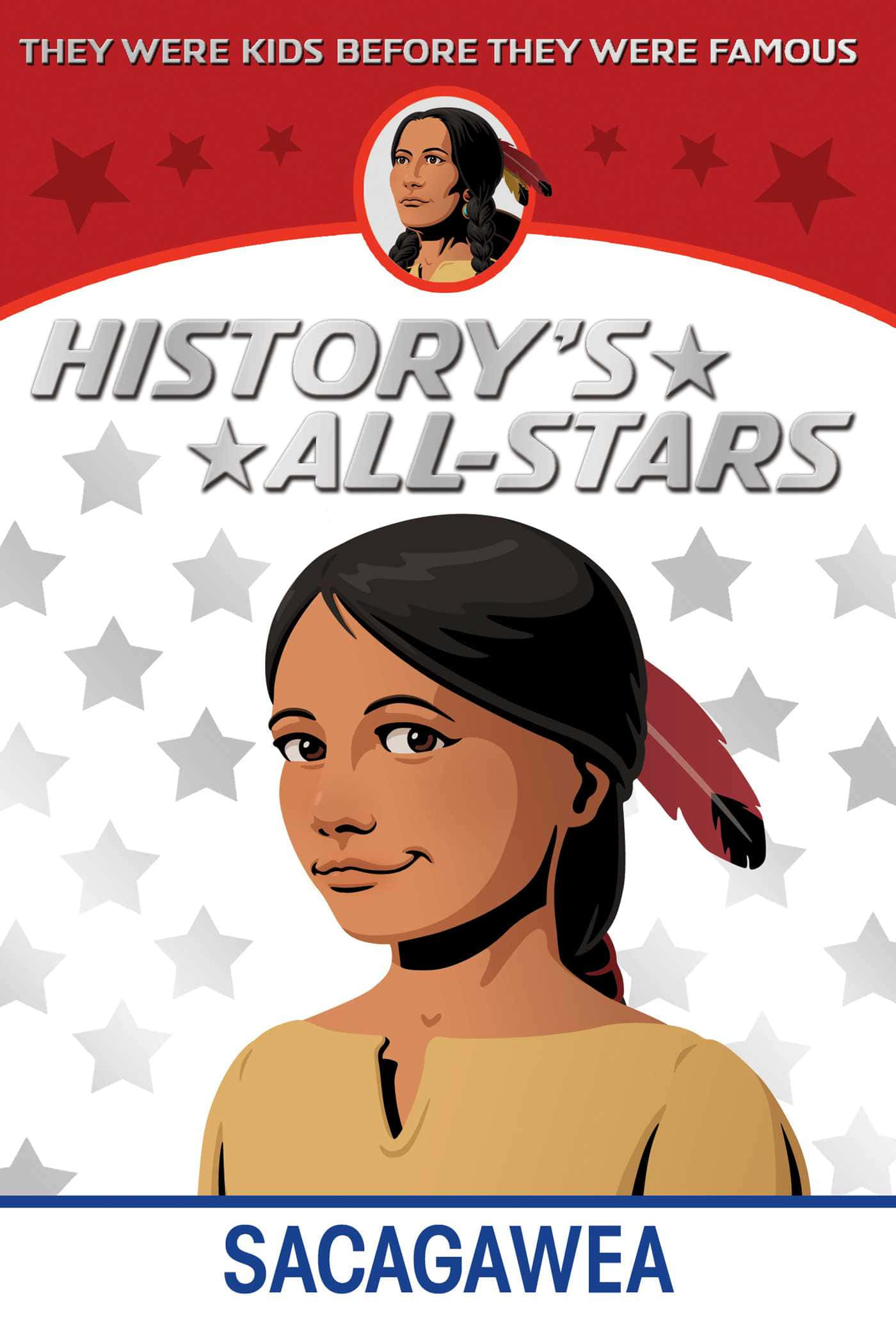 Sacagawea 桌布 壁紙 — Sacagawea 的插圖肖像，頭髮上插著一根紅色羽毛，背景是繁星點點的紅、白、藍色。