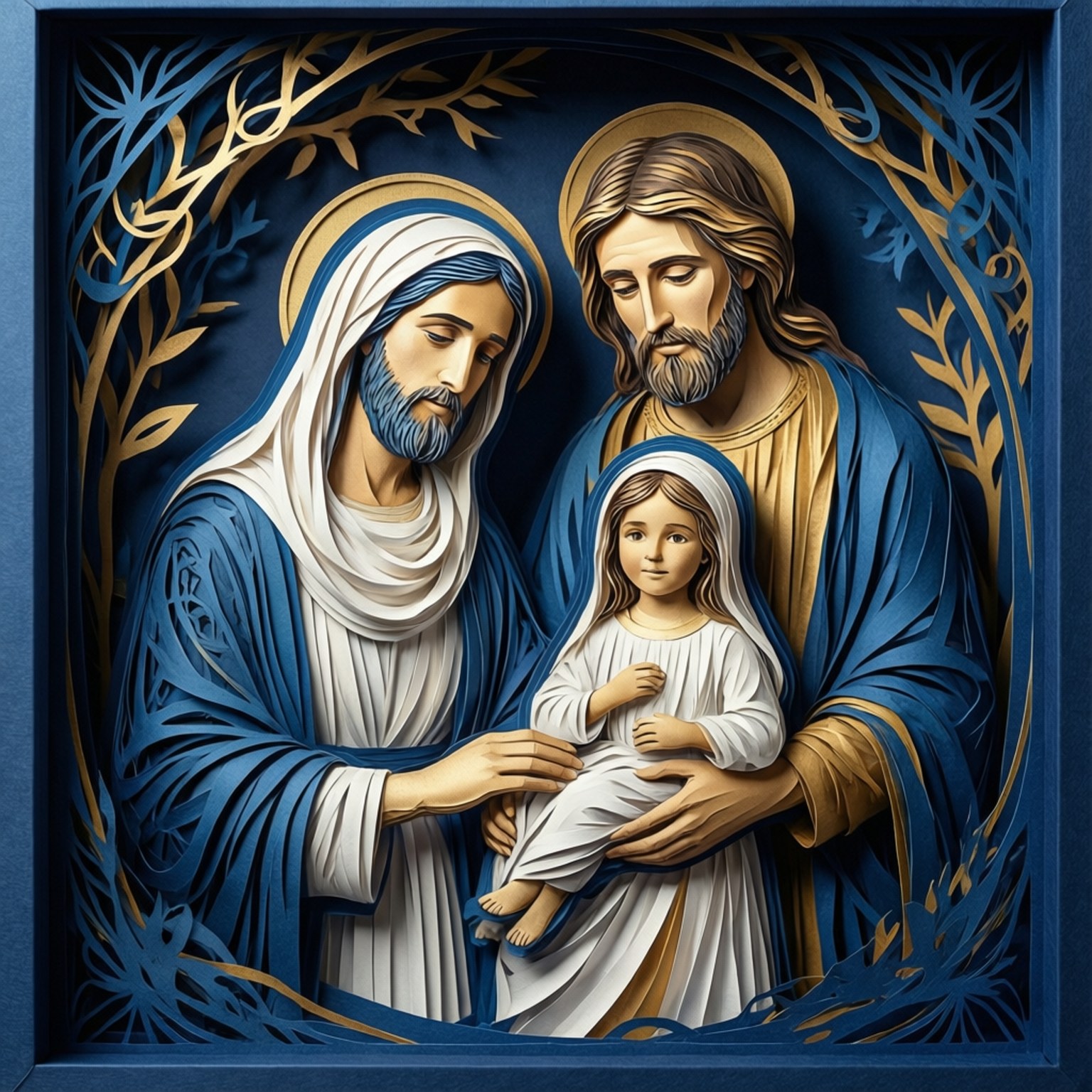 Paper Cutout Holy Family 壁紙 — 一幅神聖的剪紙藝術品描繪了聖家，包括耶穌、瑪利亞和約瑟，被華麗的金色樹葉框住，背景是深藍色。