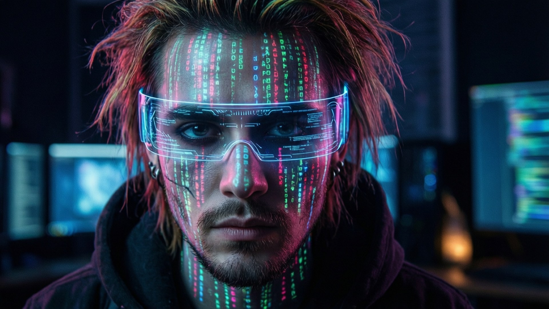 Cyberpunk Hacker 壁紙 — 一個臉上帶有發光數據流和未來眼鏡的賽博龐克男人，在一個黑暗充滿科技的房間裡凝視著。