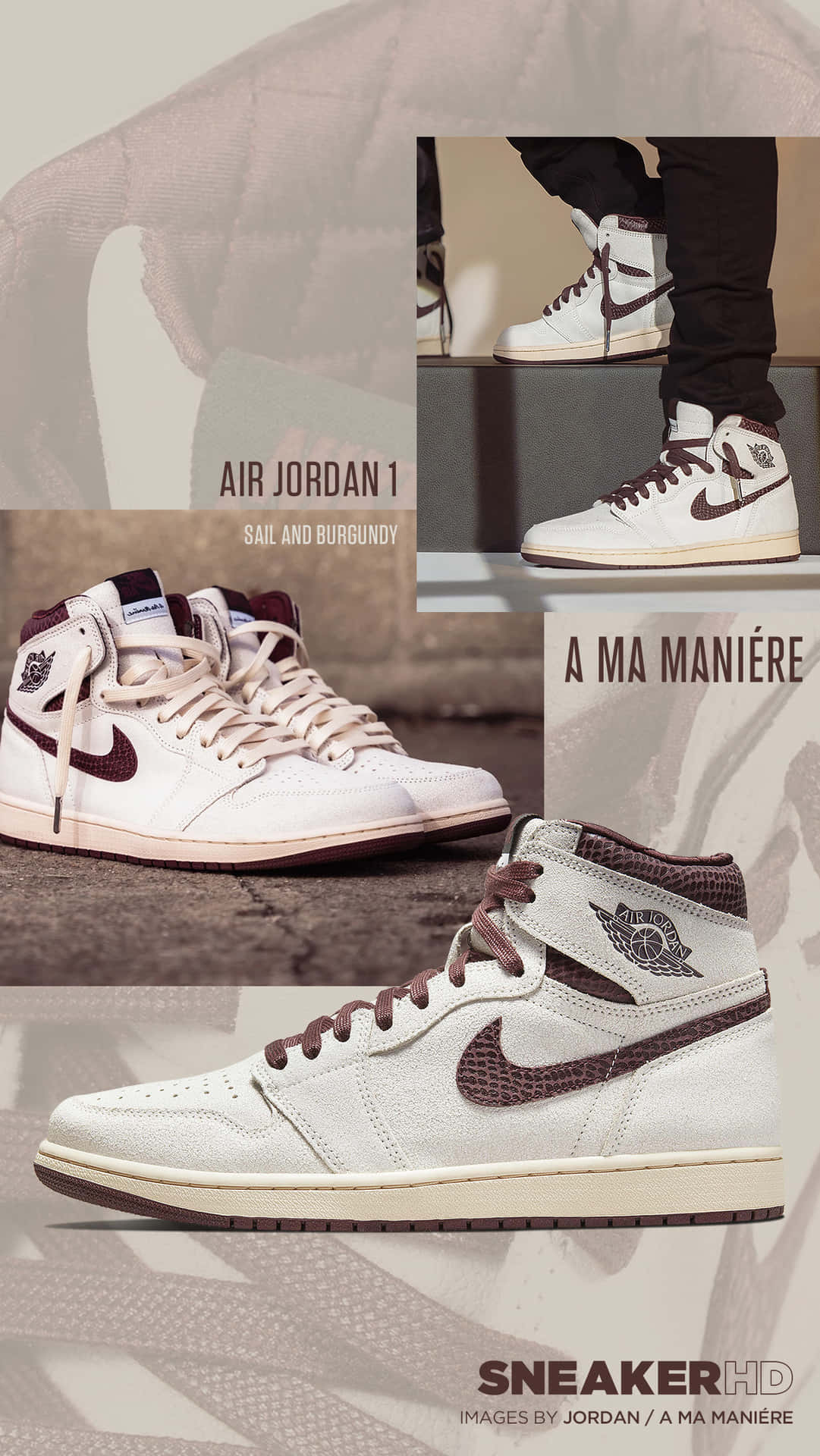 Sail 和酒紅色 Air Jordan 1 運動鞋的不同視角。 — Air Jordan 壁紙