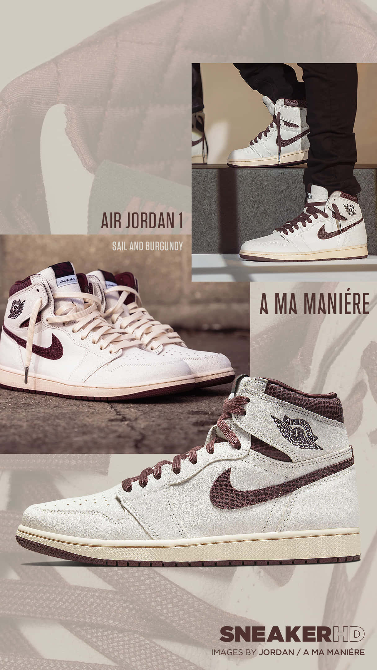 Air Jordan 1 桌布 壁紙 — Sail 和酒紅色 Air Jordan 1 運動鞋以多個角度展示在帶有紋理的灰色背景上。