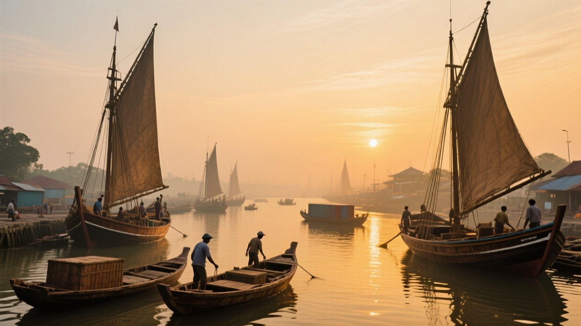 Sunda Kelapa Harbor 壁紙 — 帆船和划艇點綴著霧氣瀰漫的河流，金色日出下人們在水上和碼頭工作。